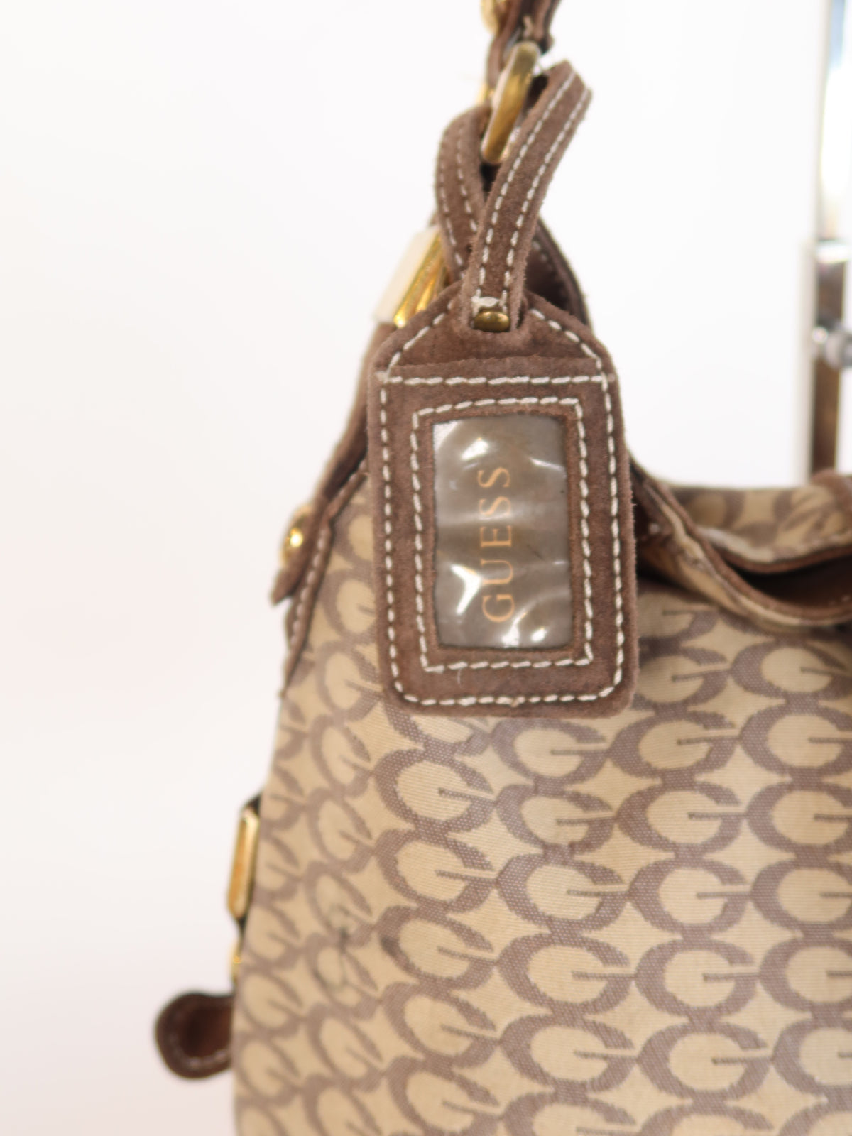 Guess Brown Suede Trim Monogram Hobo Bag