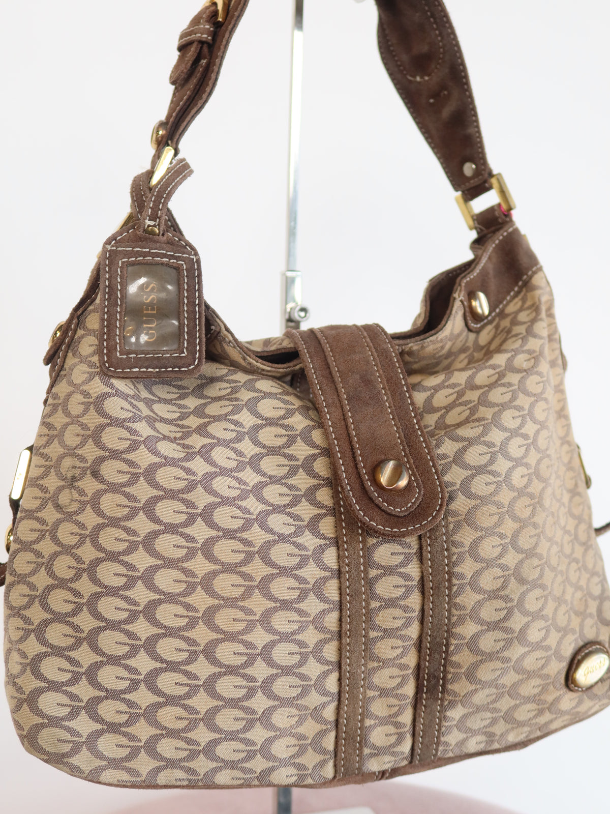 Guess Brown Suede Trim Monogram Hobo Bag