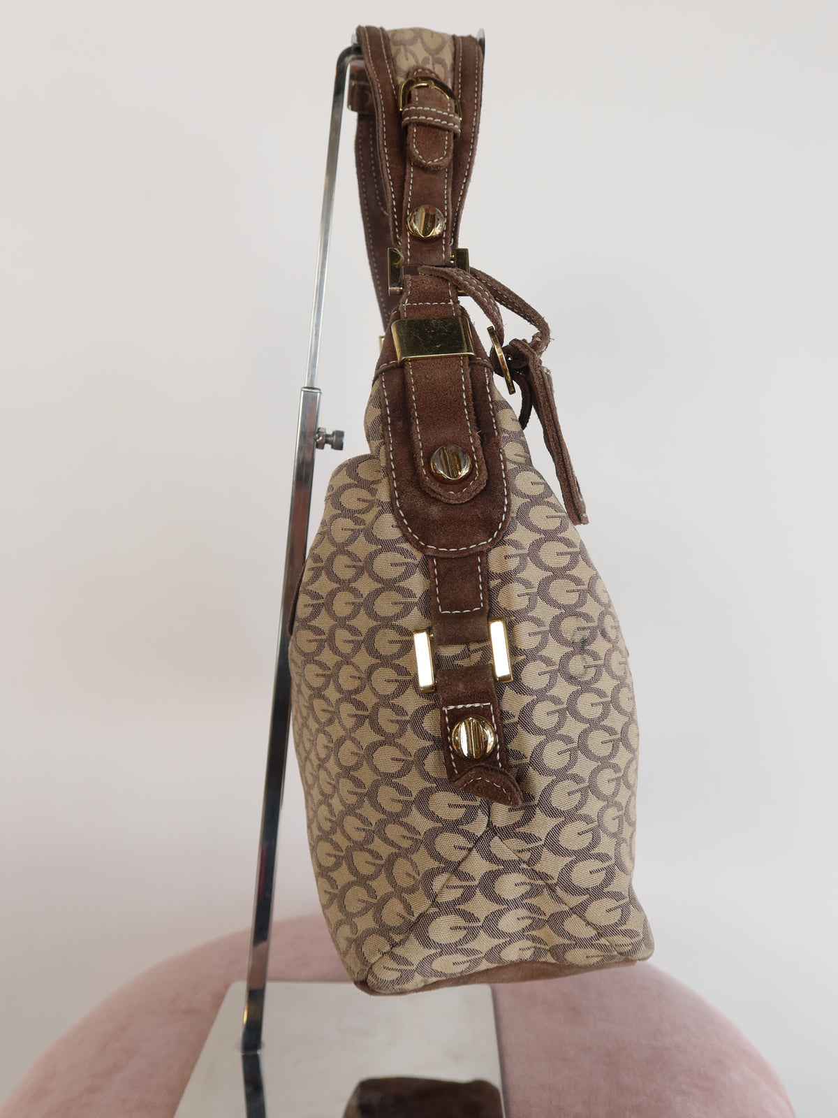 Guess Brown Suede Trim Monogram Hobo Bag