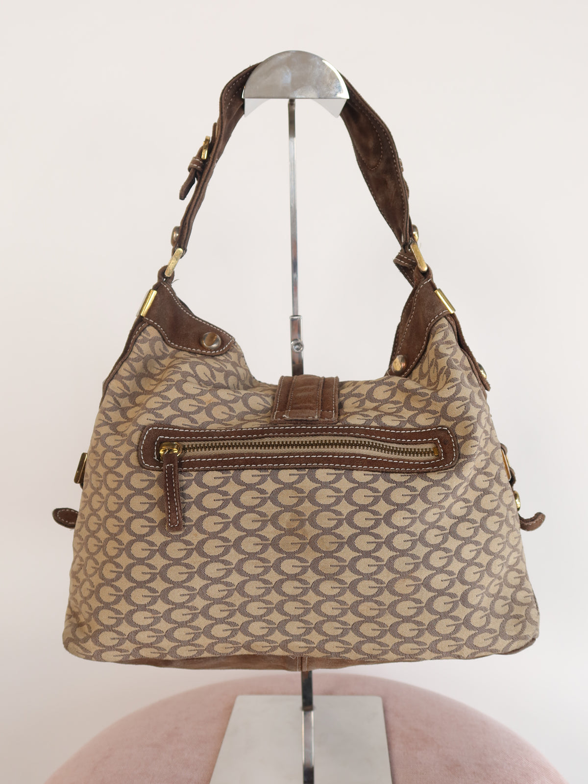 Guess Brown Suede Trim Monogram Hobo Bag