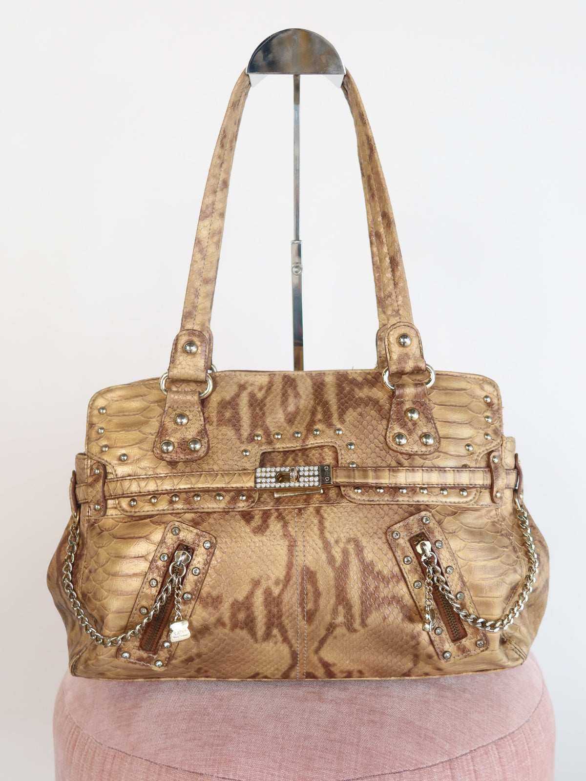 Kathy Van Zeeland Gold Snake Print Studded Bag