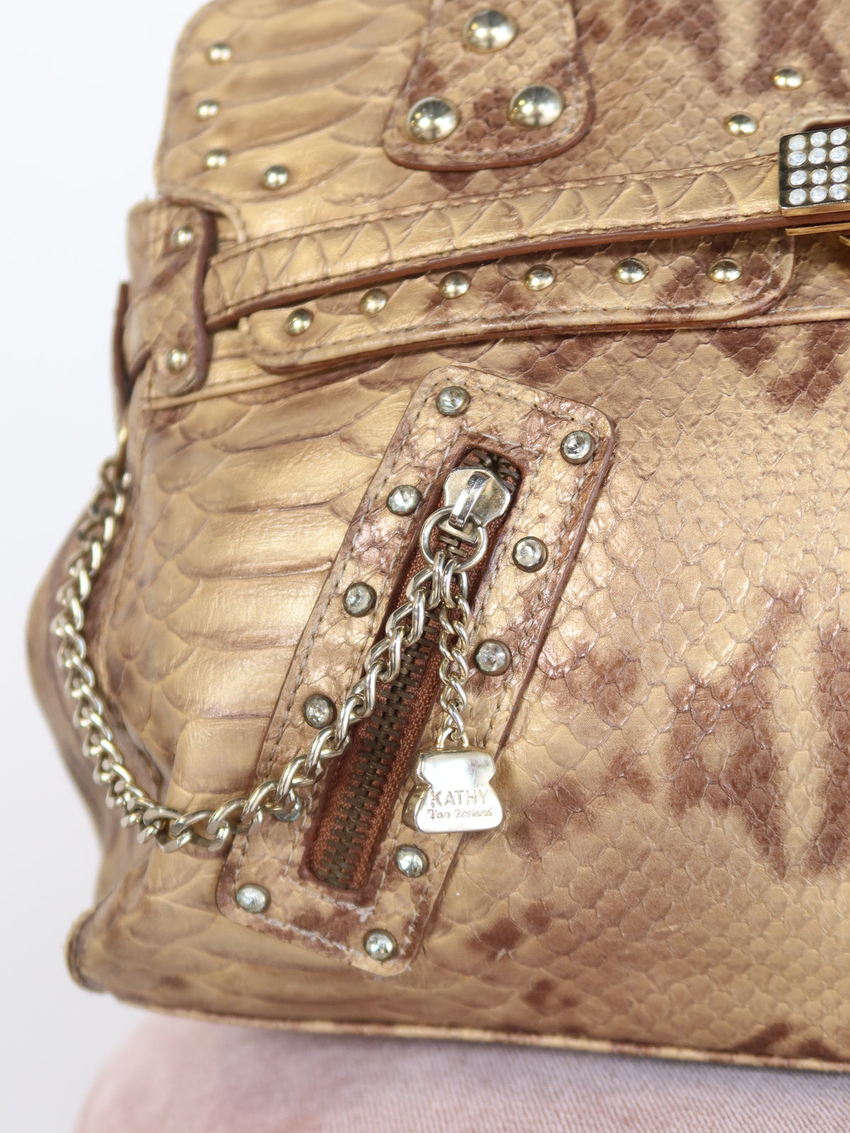 Kathy Van Zeeland Gold Snake Print Studded Bag