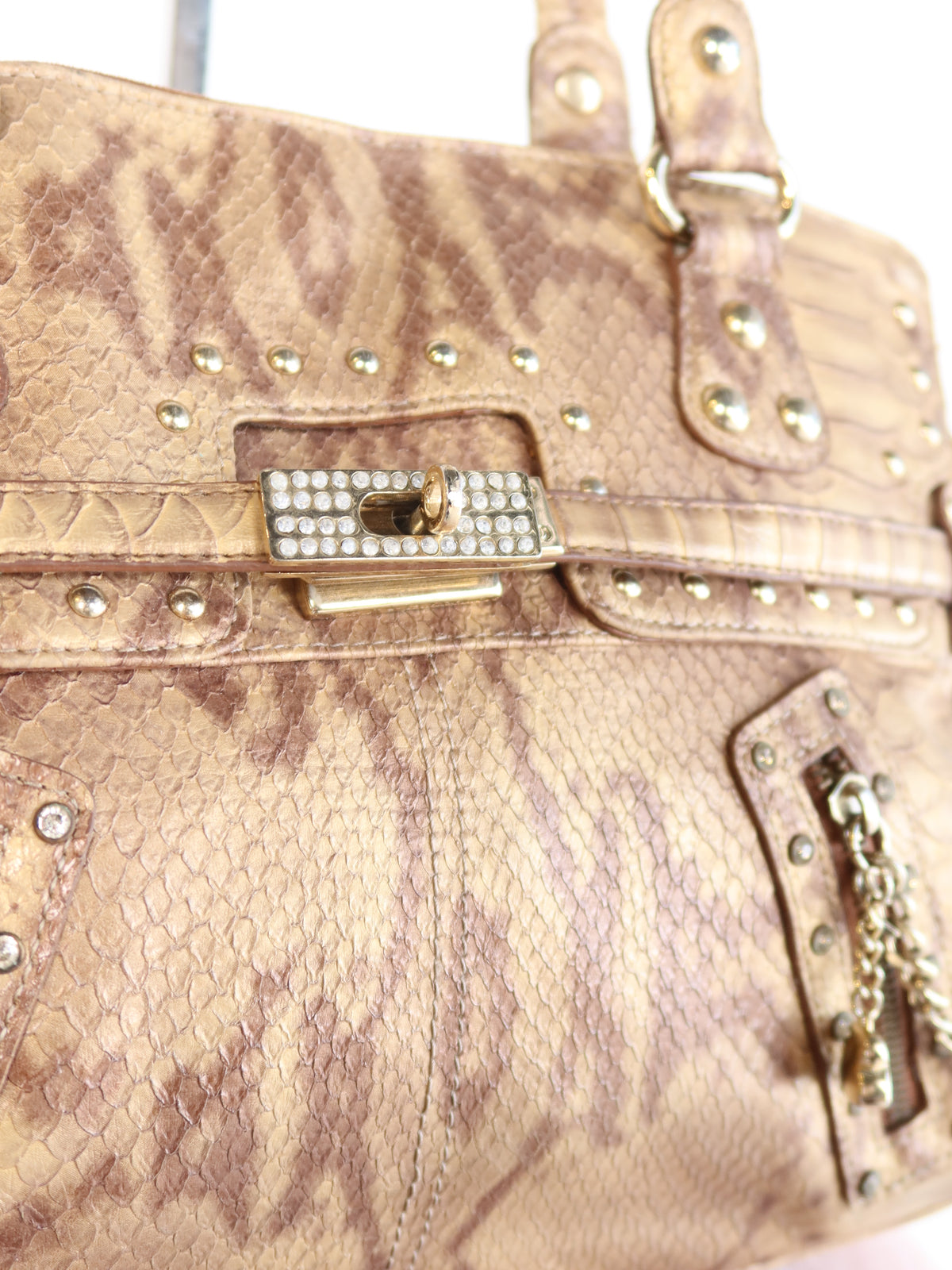 Kathy Van Zeeland Gold Snake Print Studded Bag
