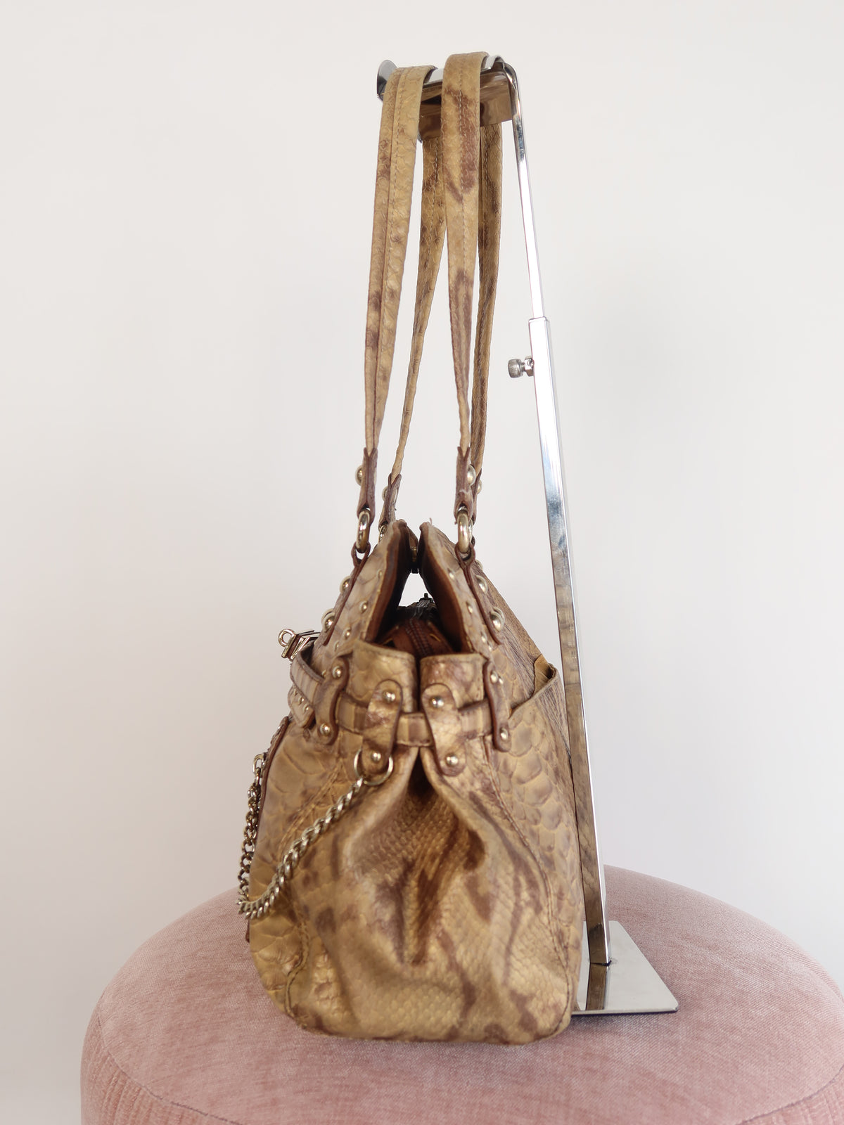 Kathy Van Zeeland Gold Snake Print Studded Bag