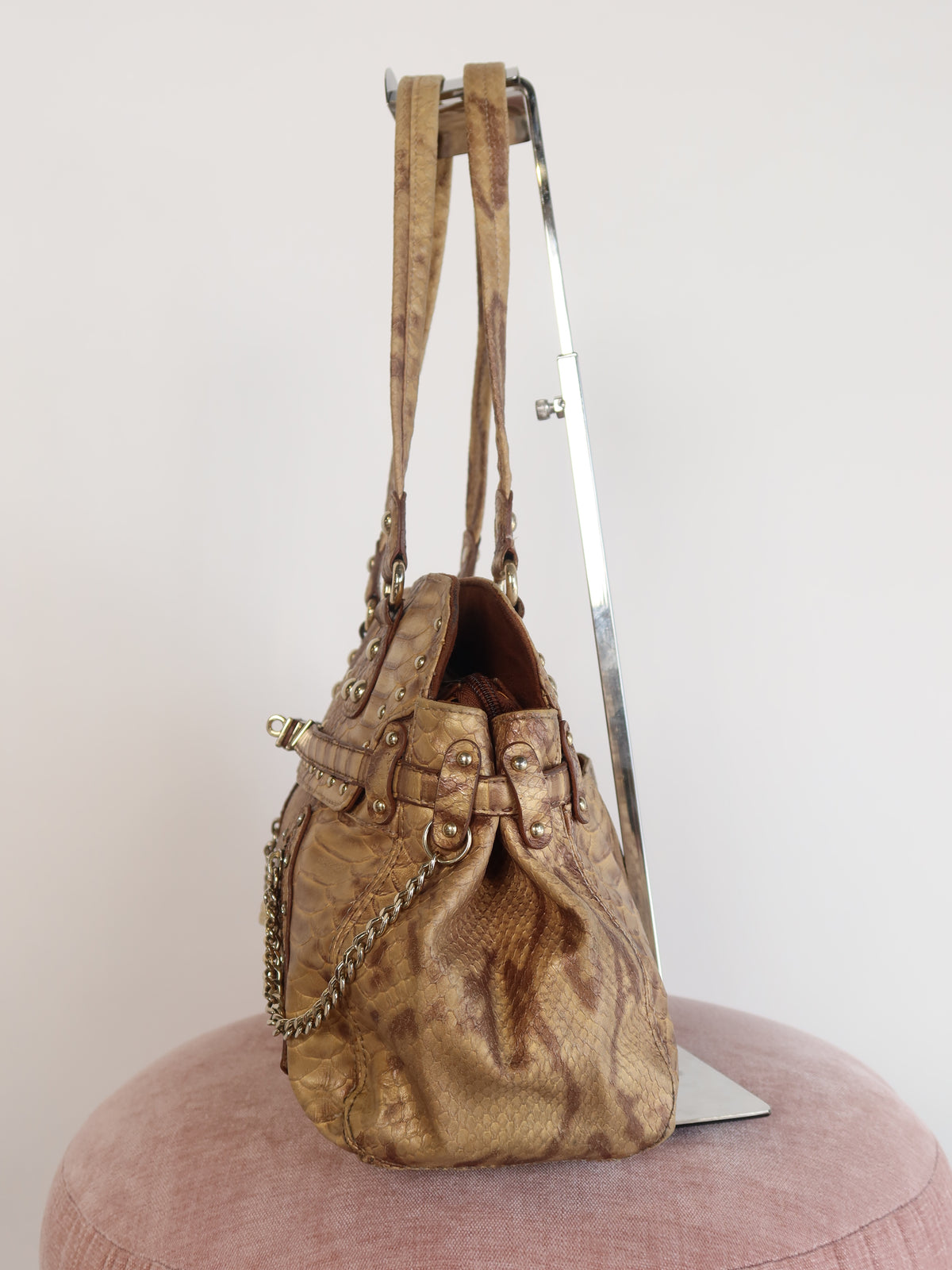 Kathy Van Zeeland Gold Snake Print Studded Bag