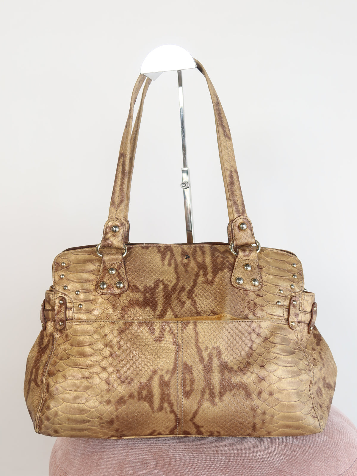 Kathy Van Zeeland Gold Snake Print Studded Bag