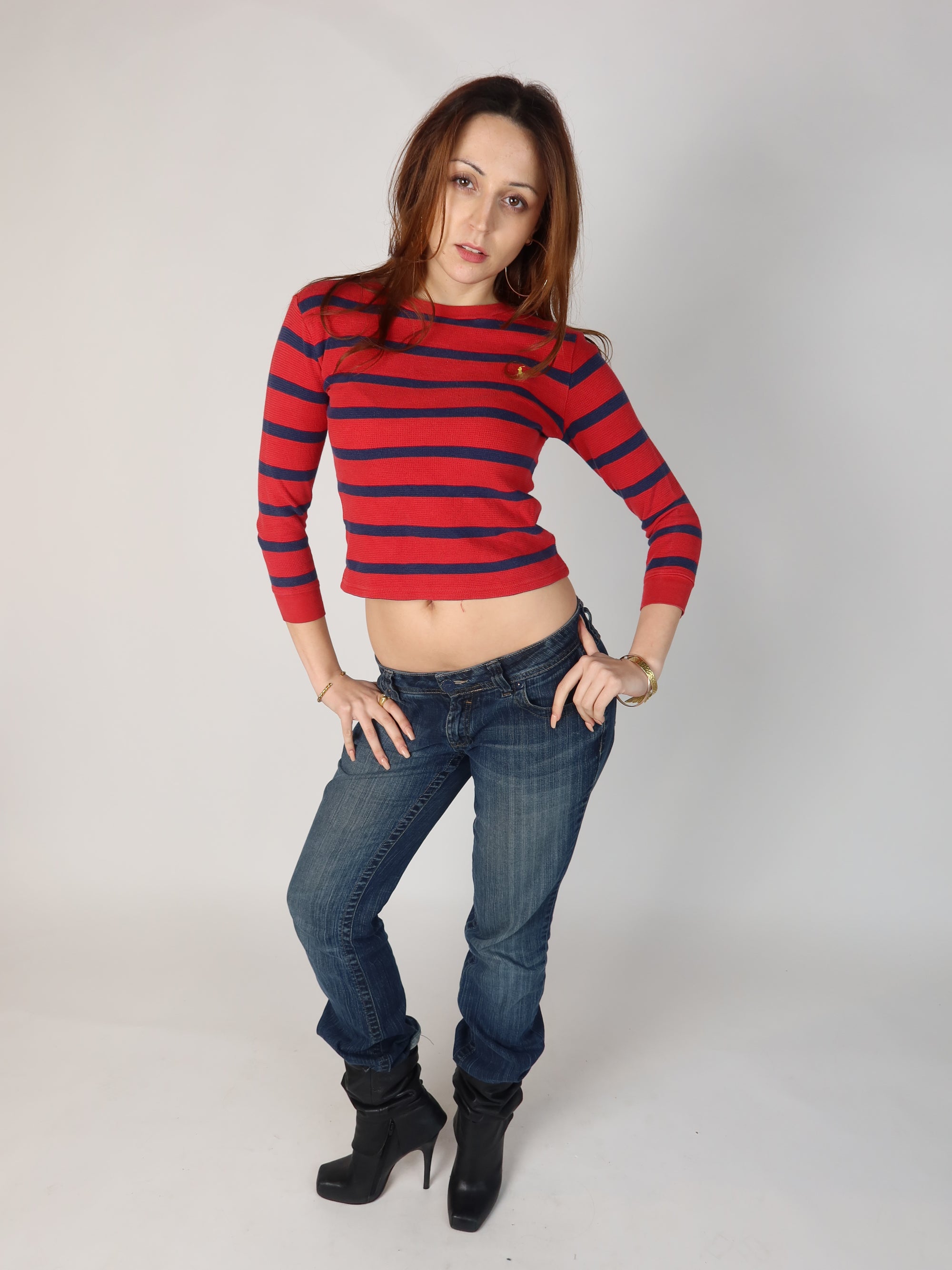 Authentic vintage Y2K Polo Ralph Lauren red and navy horizontal striped waffle knit thermal top with a yellow embroidered logo on the chest, cropped fit, shown from front and back views with low-rise jeans.