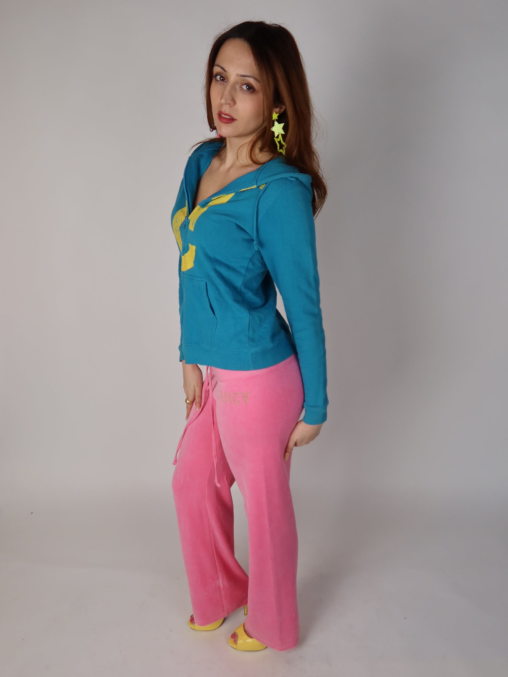 Teal Blue & Yellow Graphic Hoodie S/M