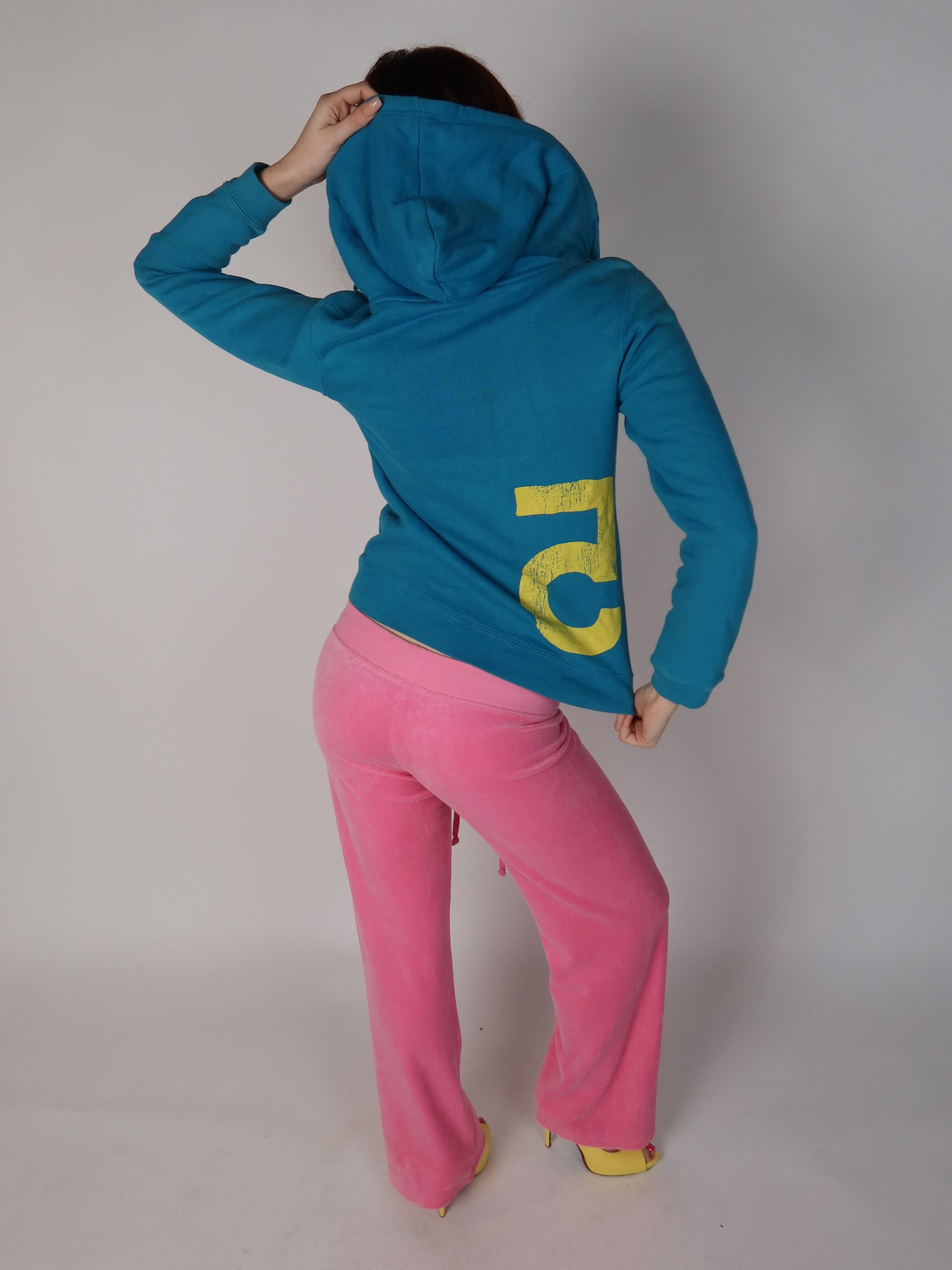 Teal Blue & Yellow Graphic Hoodie S/M