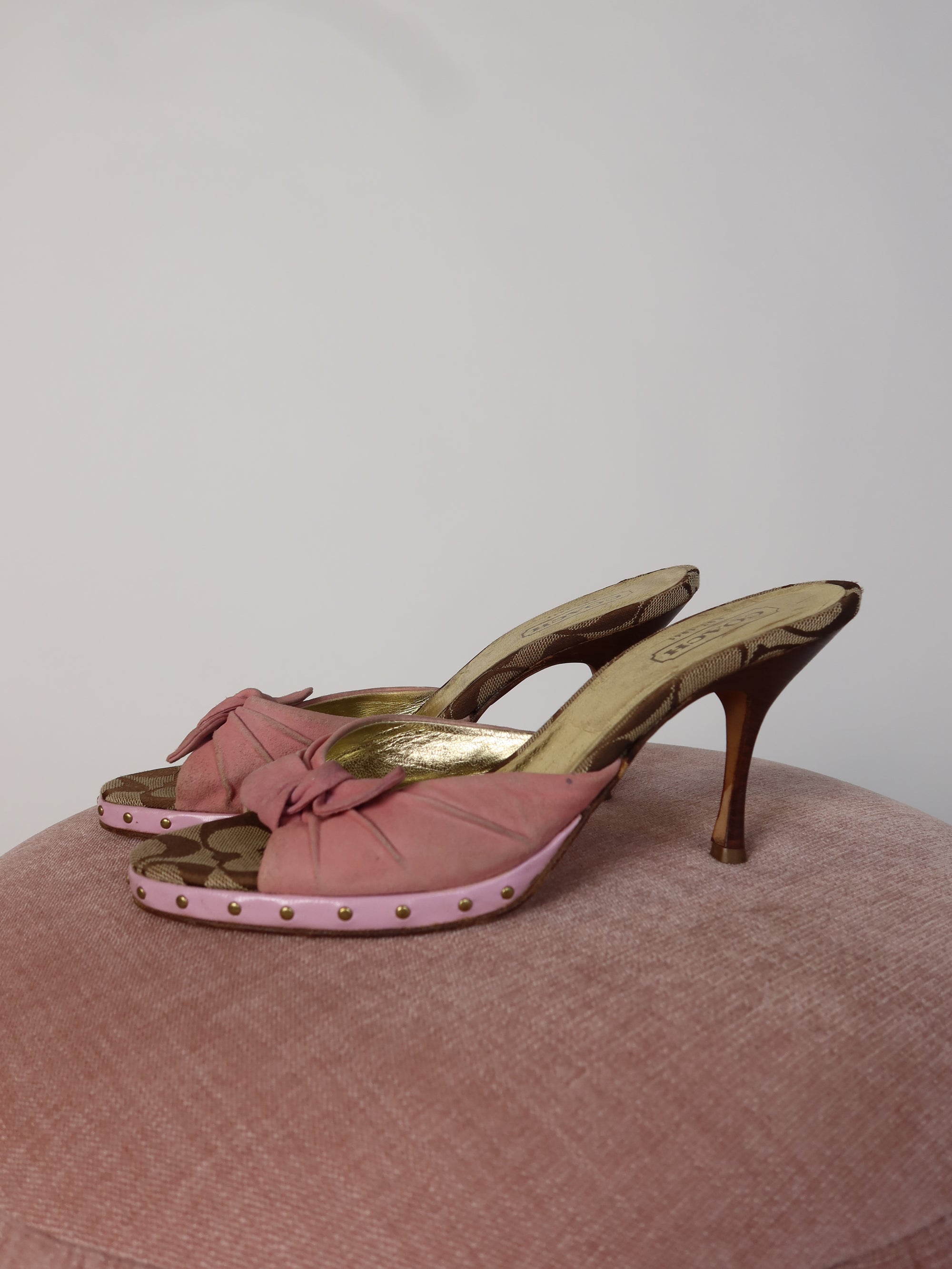Coach Monogram Pink Suede Mules