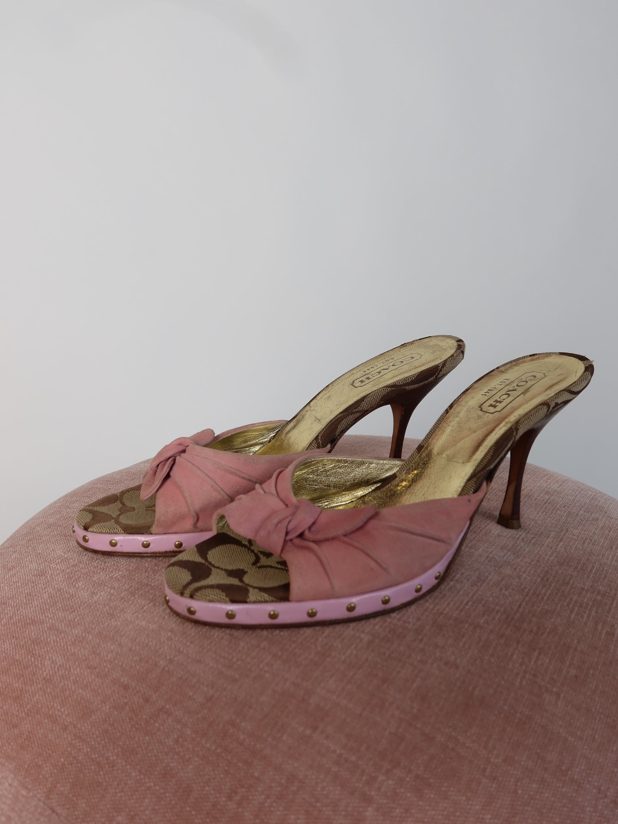Coach Monogram Pink Suede Mules