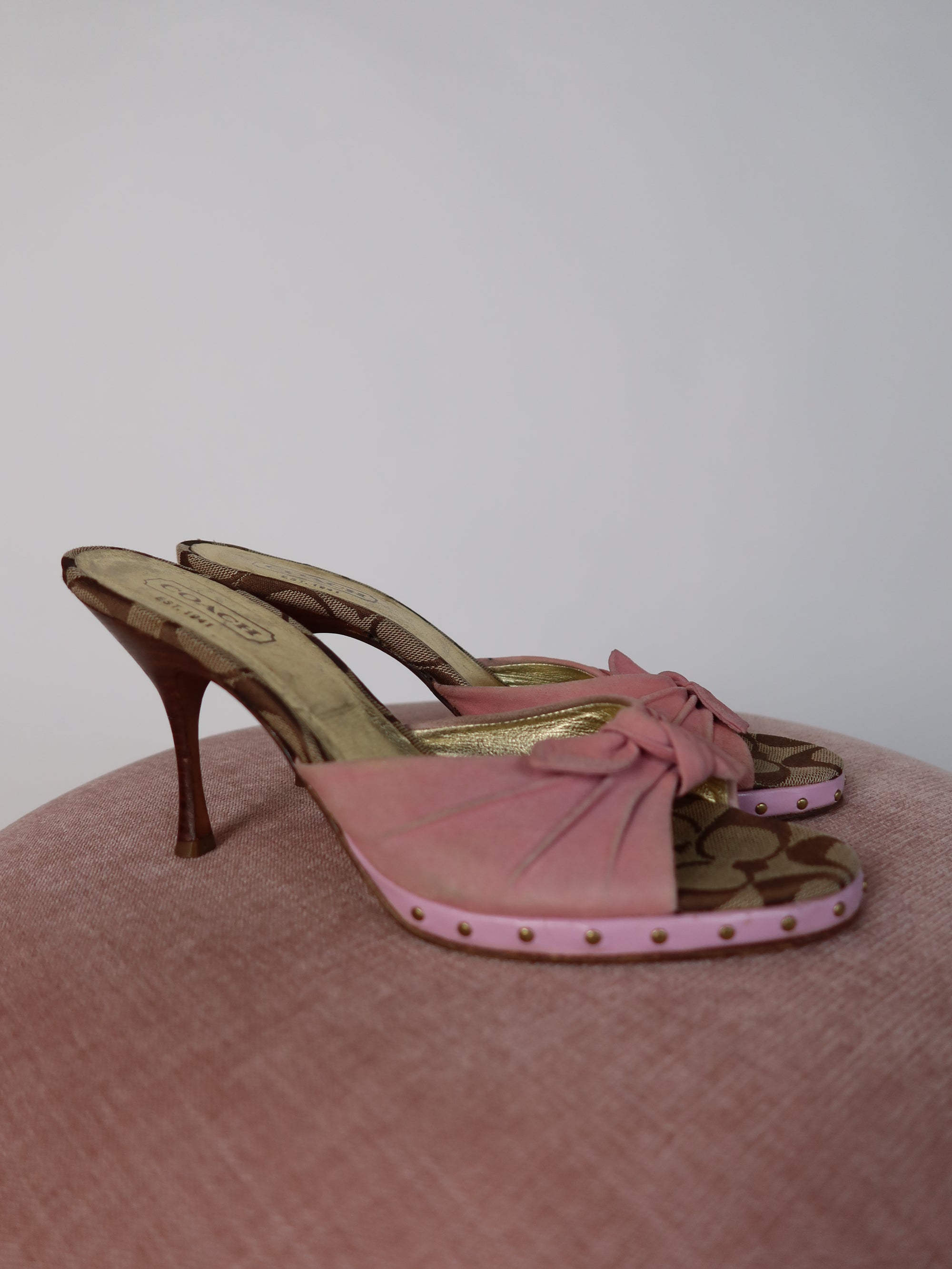 Coach Monogram Pink Suede Mules