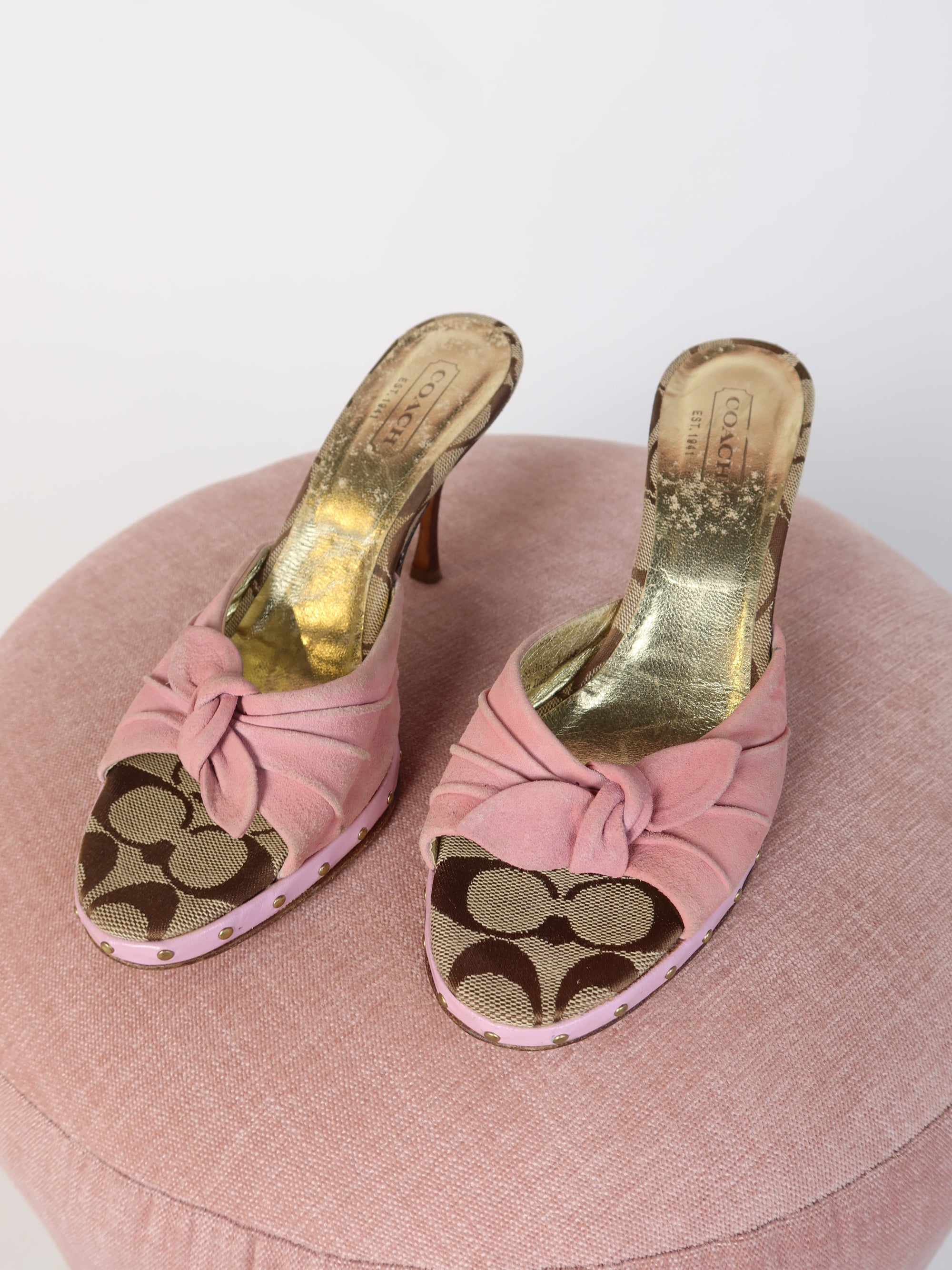 Coach Monogram Pink Suede Mules