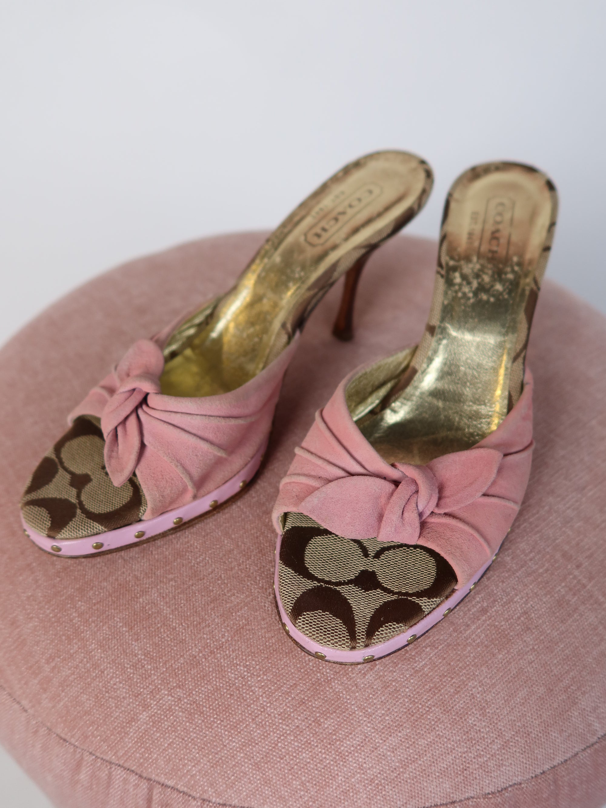 Coach Monogram Pink Suede Mules