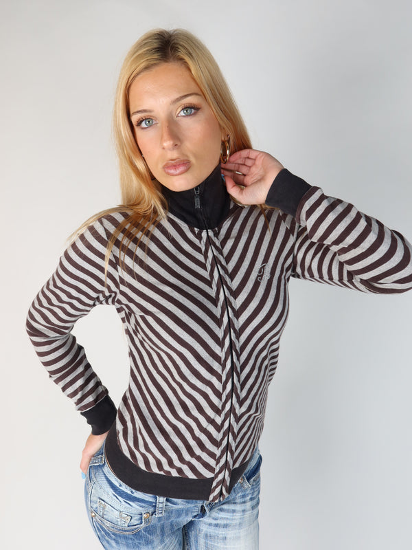 Vintage Y2K striped mock neck zip-up track jacket, resale clothing at Brat's Closet.