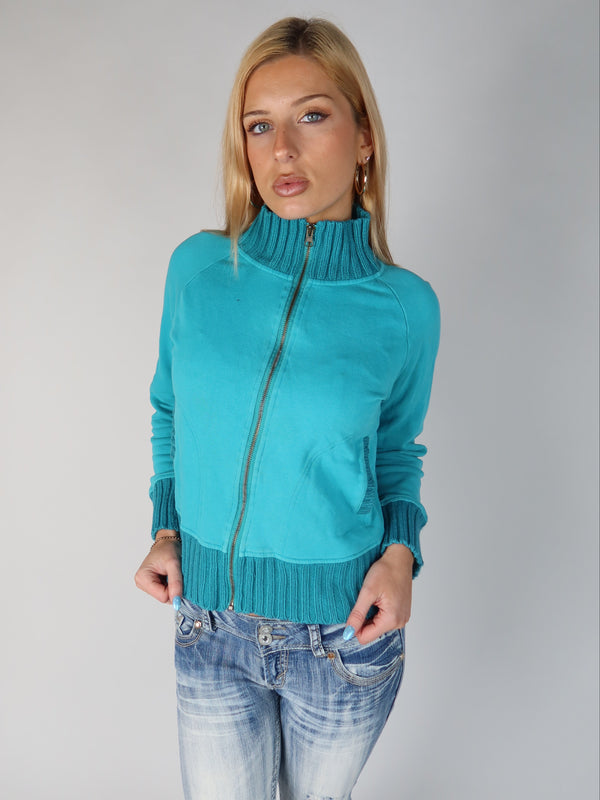 Vintage Y2K turquoise ribbed trim zip-up track jacket, resale clothing at Brat's Closet.