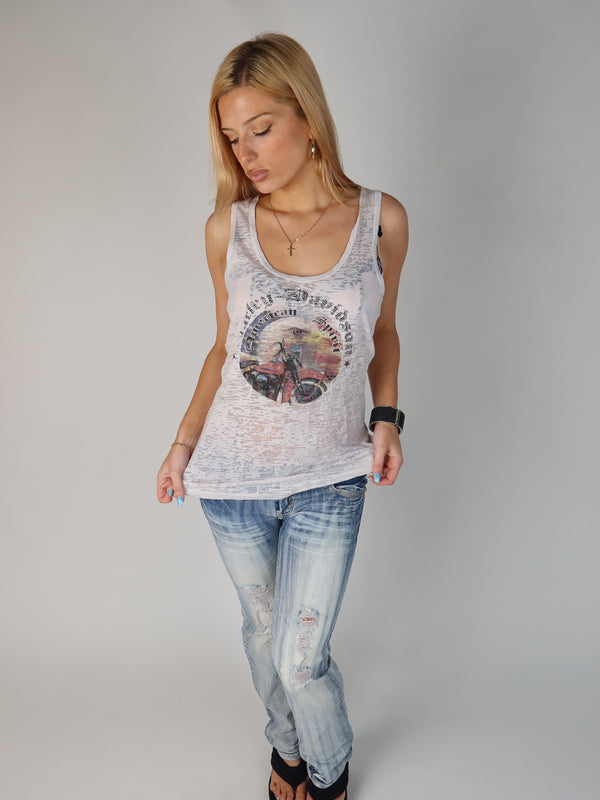 Vintage Harley-Davidson burnout rhinestone tank top, Y2K resale clothing at Brat's Closet.