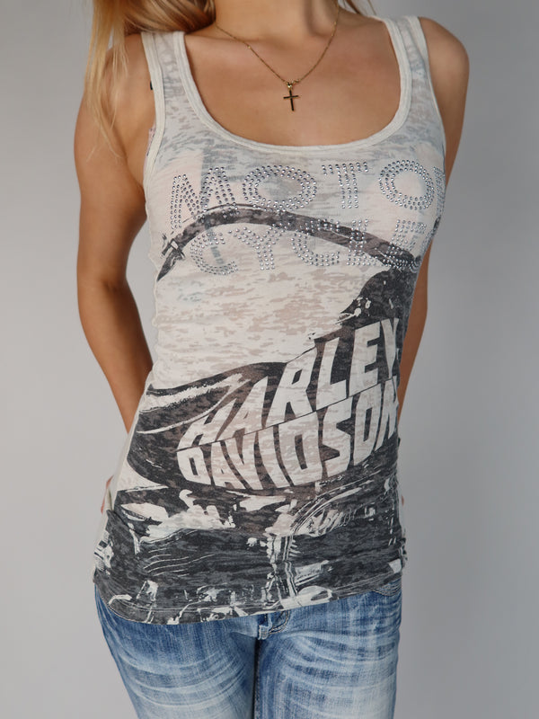 Vintage Harley-Davidson burnout rhinestone tank top, Y2K resale clothing at Brat's Closet.