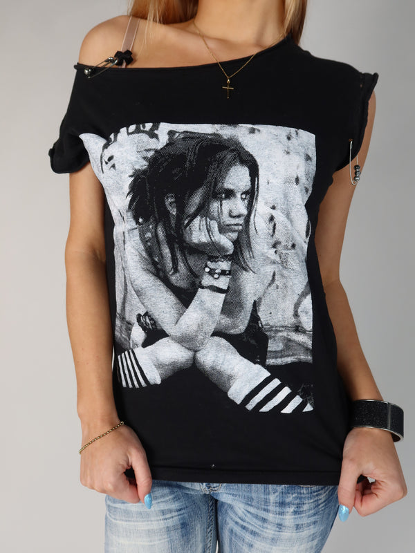 Vintage Y2K distressed cut-out grunge graphic tee, resale clothing at Brat's Closet.