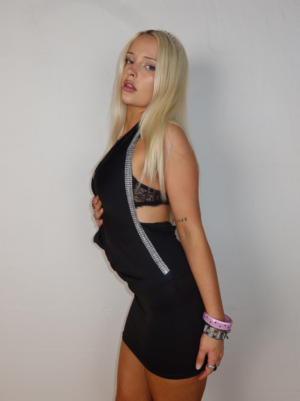 Black Cowl Rhinestone Mini Dress S