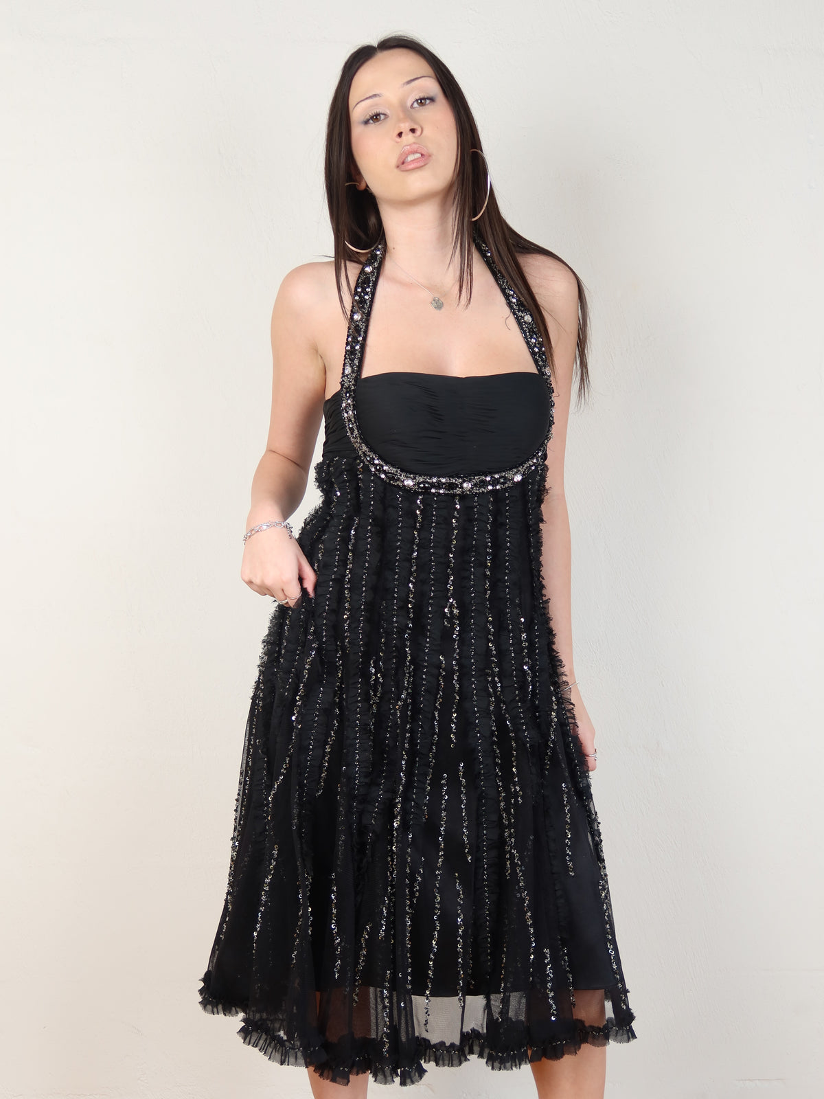 Beaded Halter Midi Dress L
