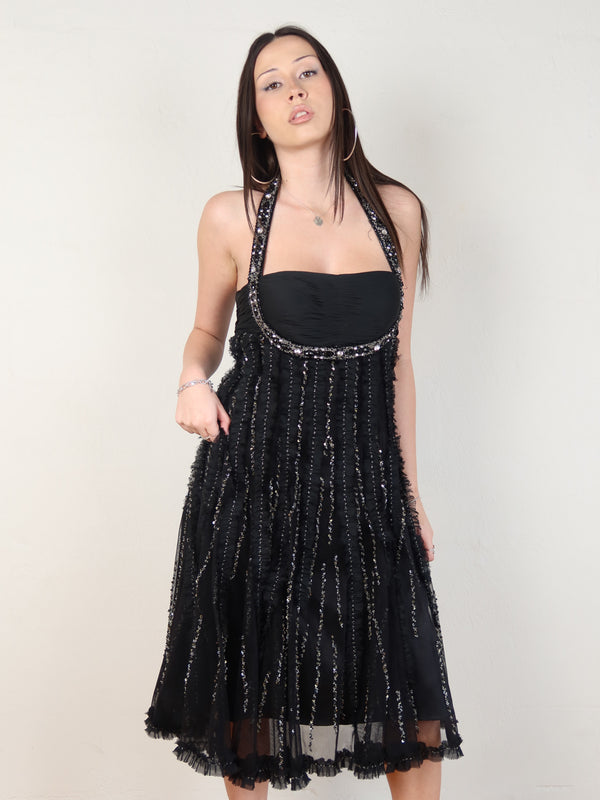 Beaded Halter Midi Dress L