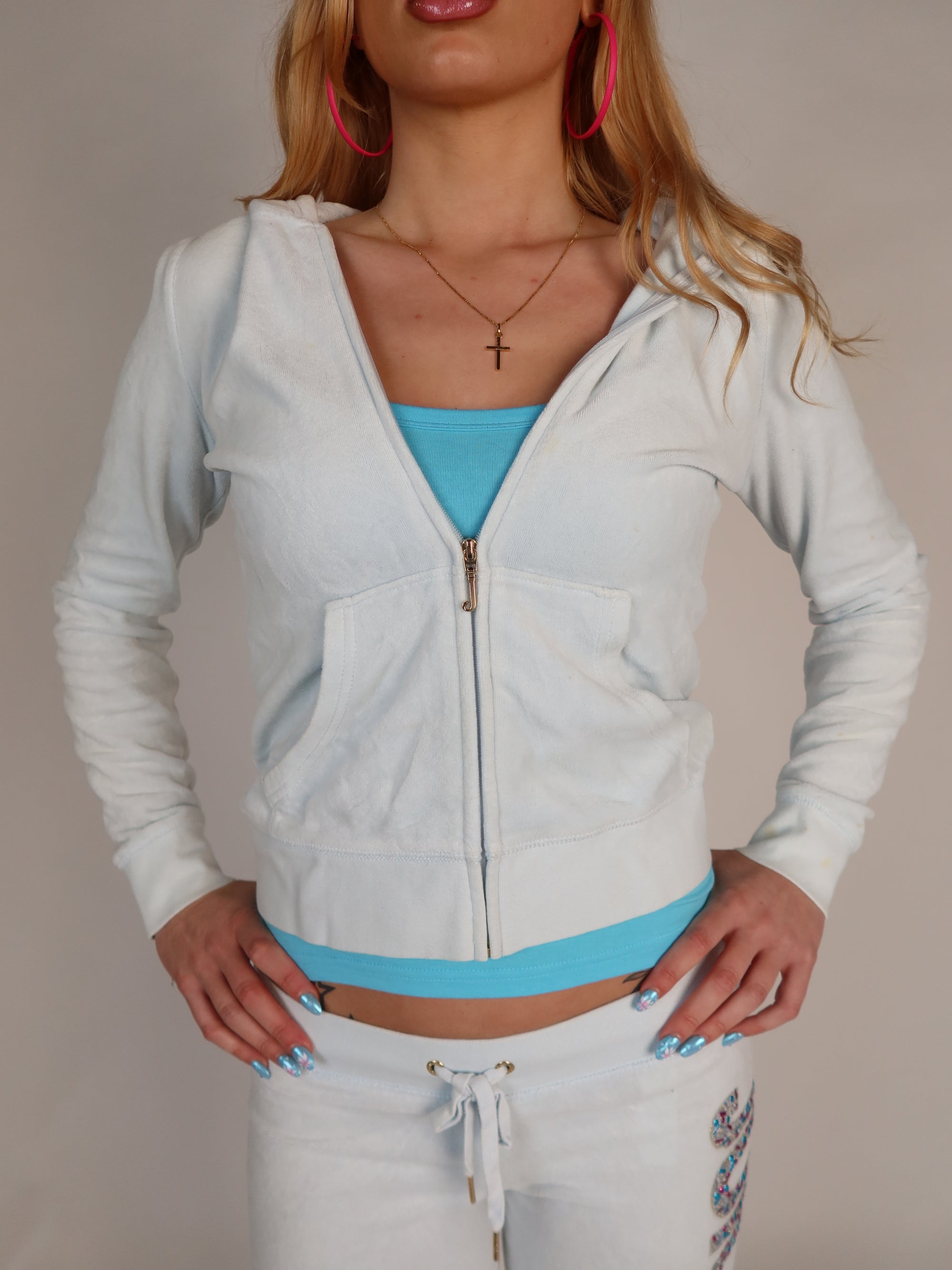 Vintage Juicy Couture baby blue velour tracksuit set, Y2K resale clothing at Brat's Closet.