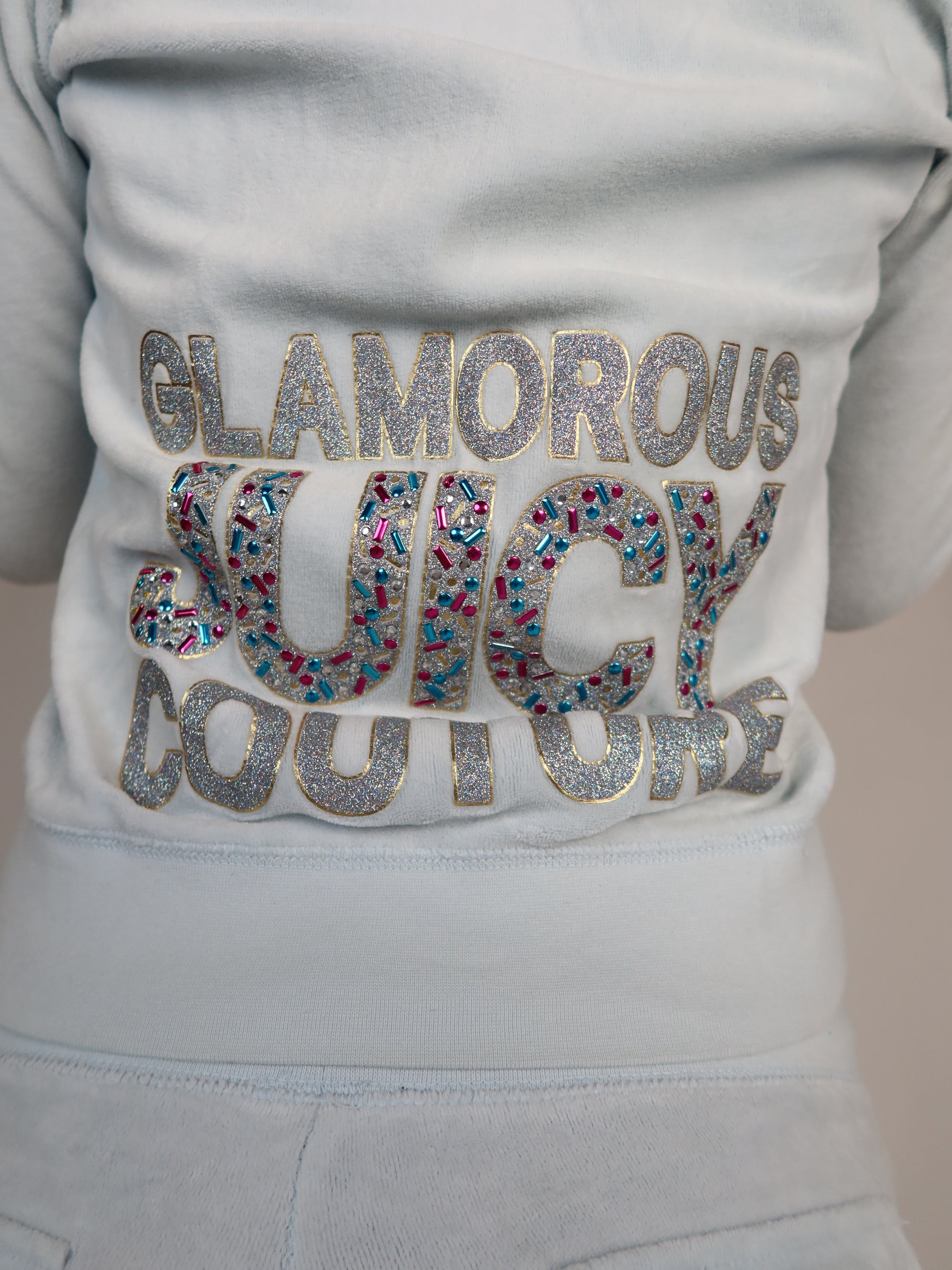 Vintage Juicy Couture baby blue velour tracksuit set, Y2K resale clothing at Brat's Closet.