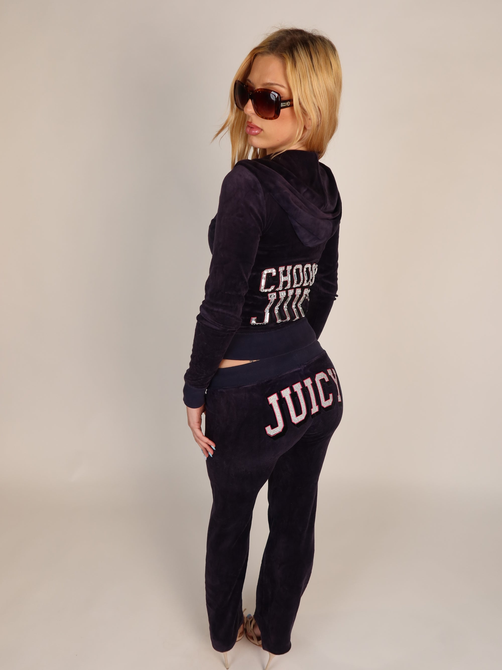 Vintage Juicy Couture navy velour tracksuit set, Y2K resale clothing at Brat's Closet.