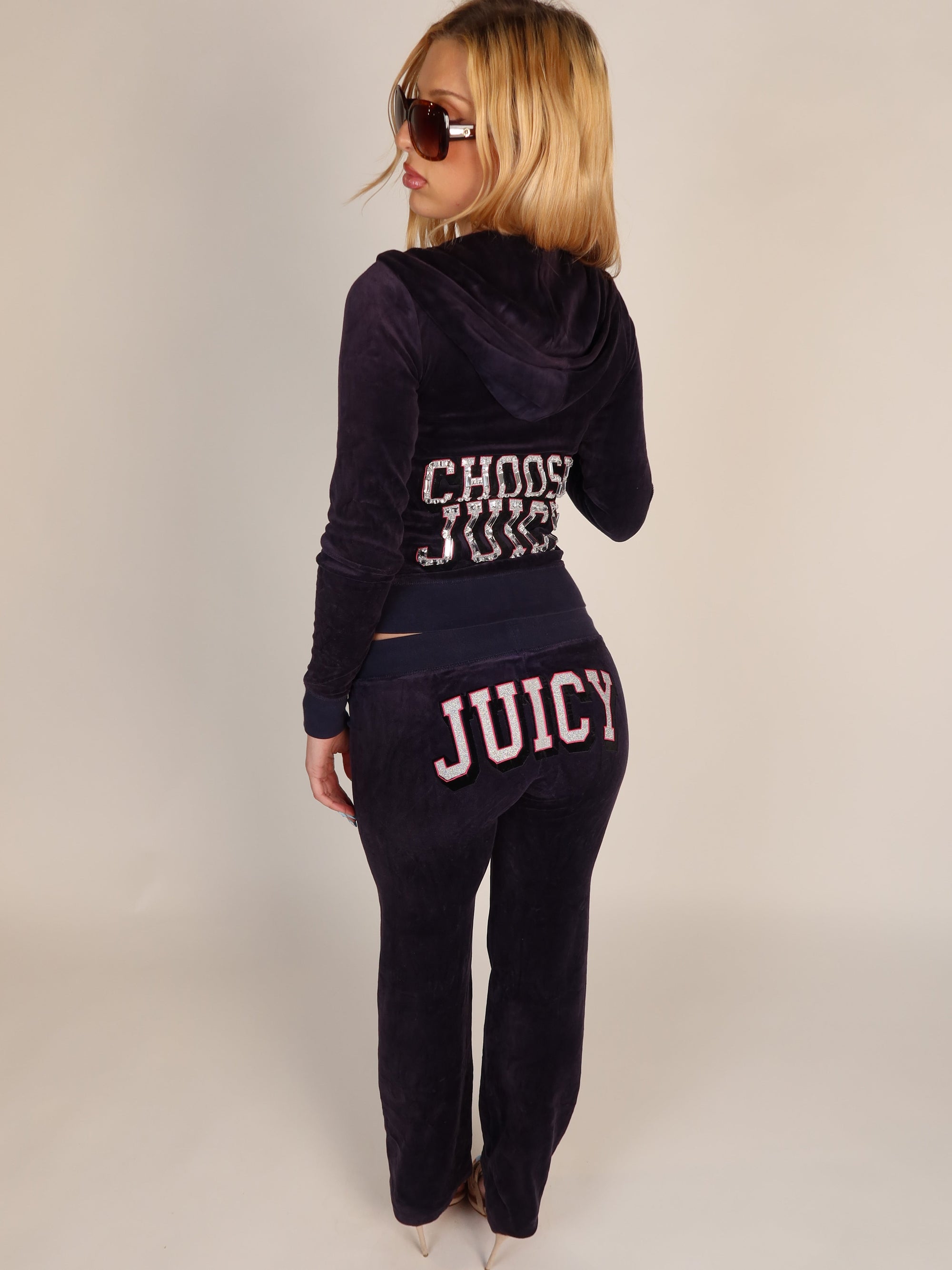 Vintage Juicy Couture navy velour tracksuit set, Y2K resale clothing at Brat's Closet.