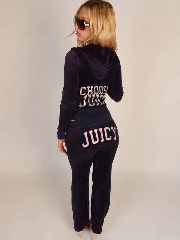 Vintage Juicy Couture navy velour tracksuit set, Y2K resale clothing at Brat's Closet.