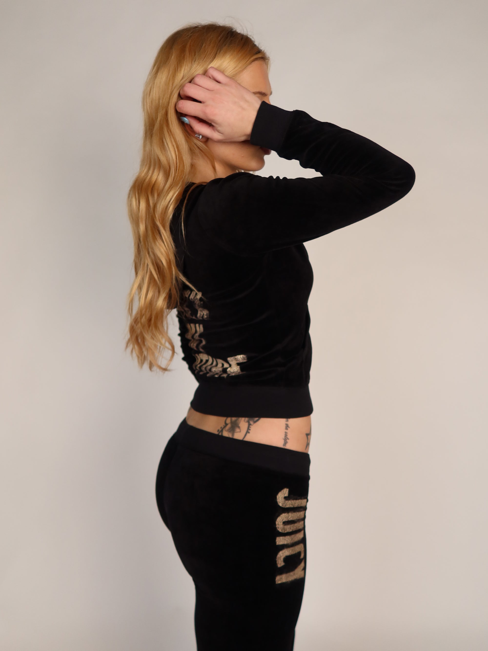 Vintage Juicy Couture black velour Rock My Couture tracksuit set, Y2K resale clothing at Brat's Closet.