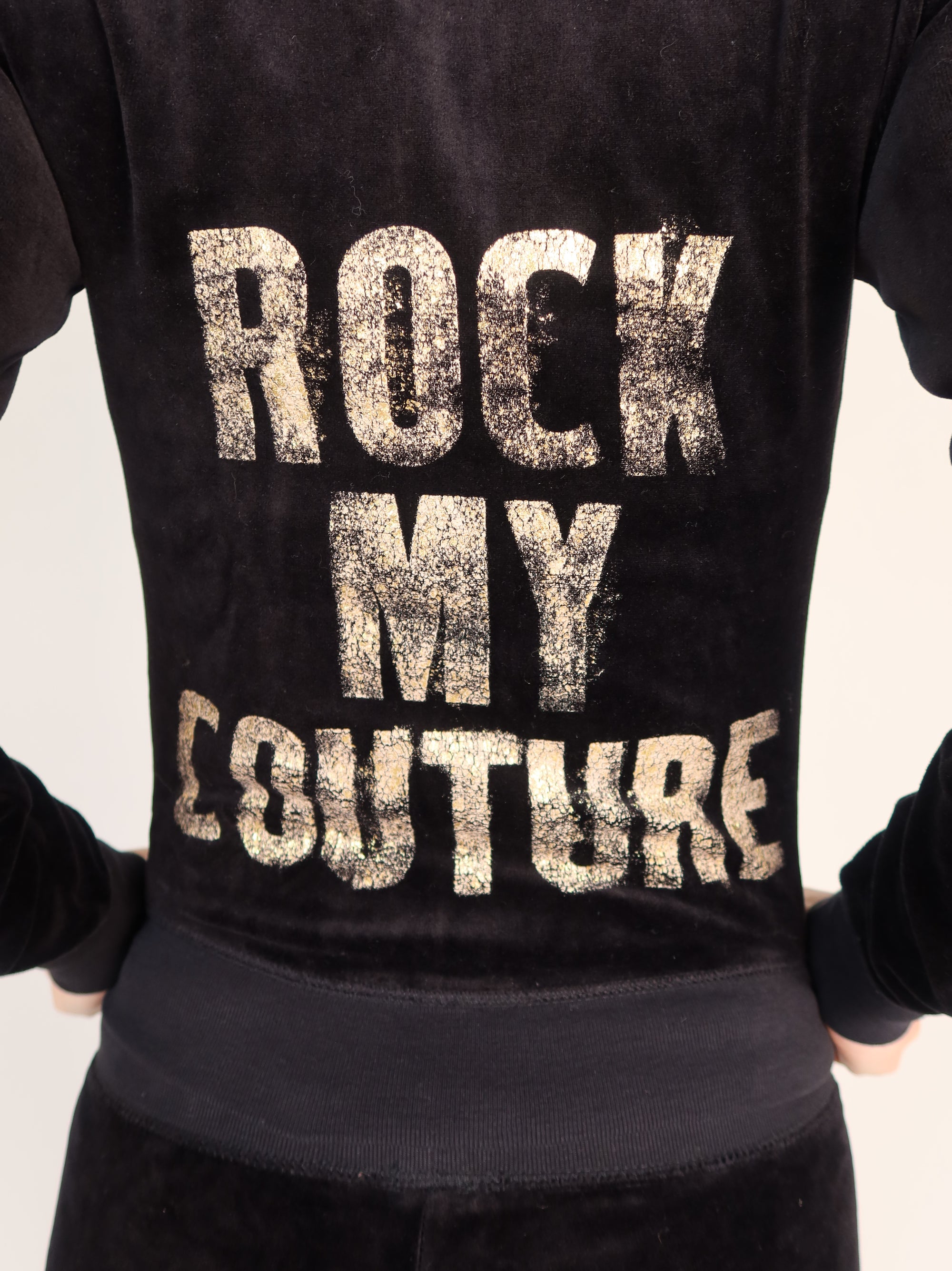 Vintage Juicy Couture black velour Rock My Couture tracksuit set, Y2K resale clothing at Brat's Closet.