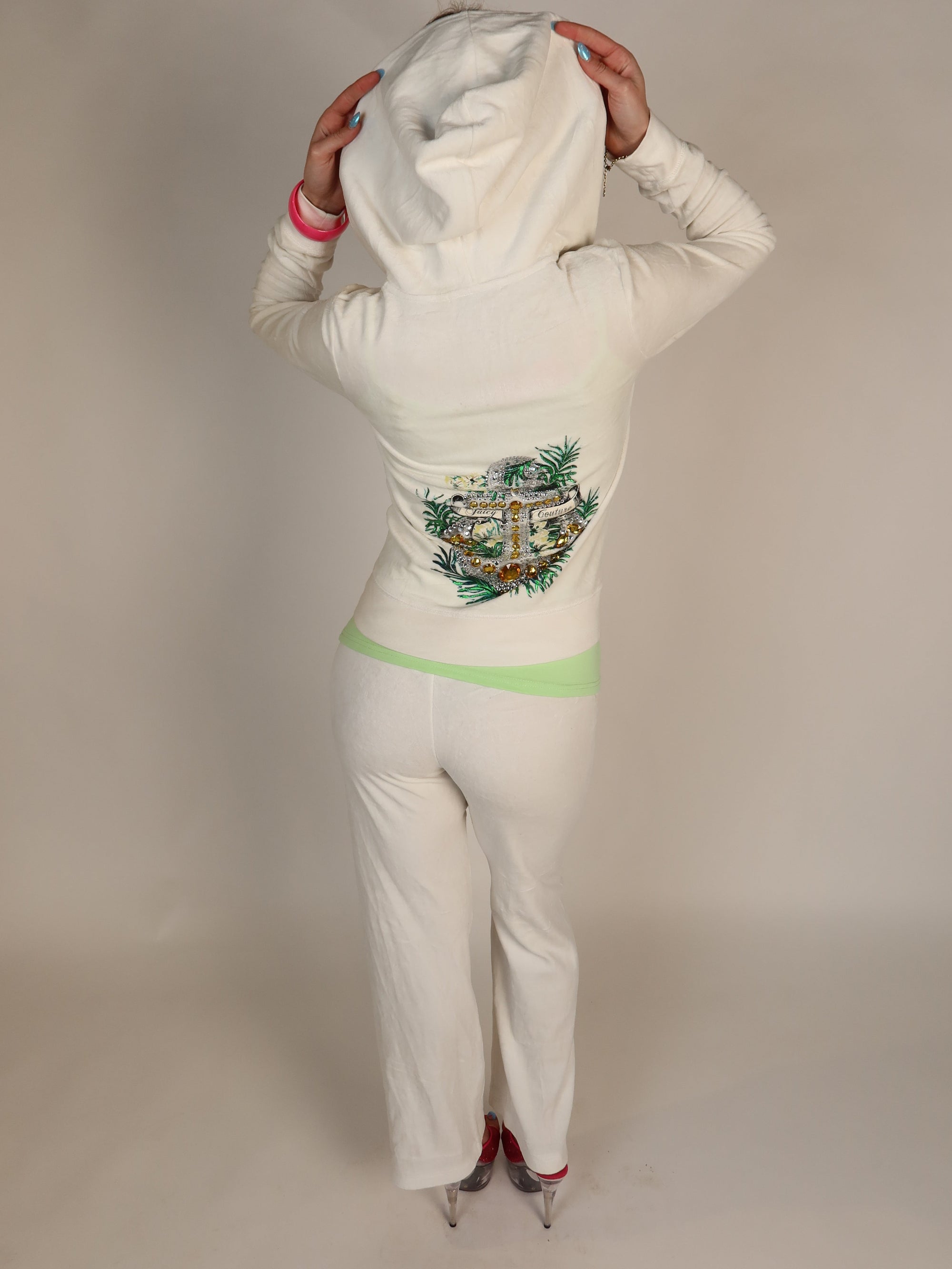 Vintage Juicy Couture white velour sailor anchor tracksuit set, Y2K resale clothing at Brat's Closet.