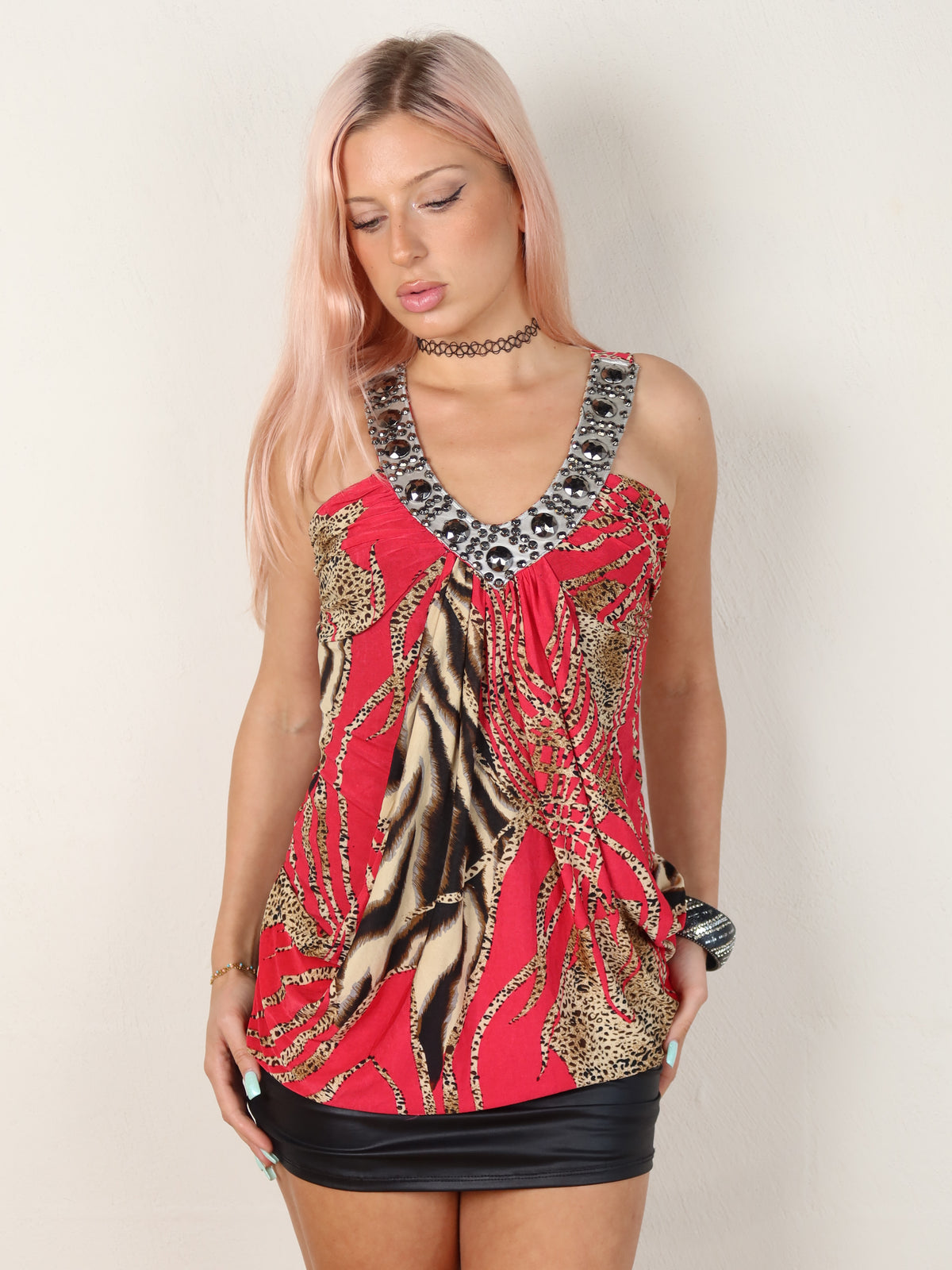 Animal Print Jewelled Bubble Top S
