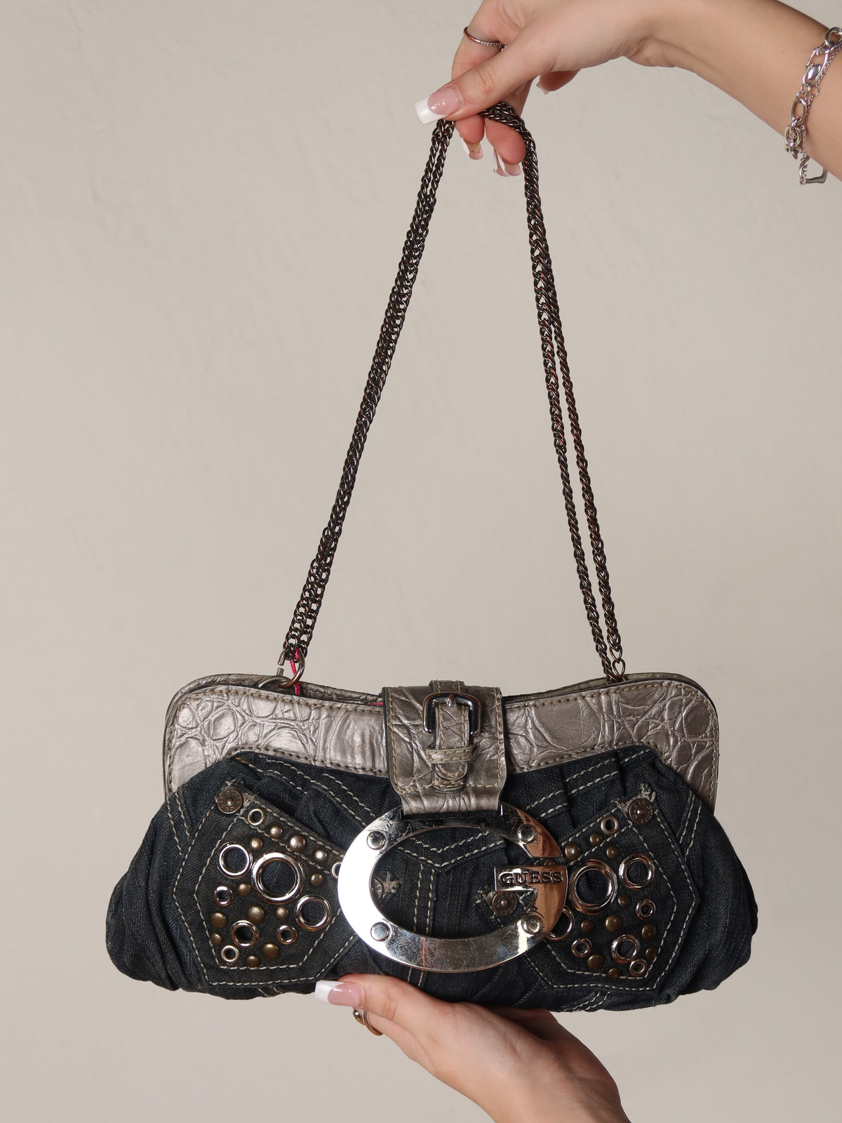 Guess Denim Studded Buckle Bag
