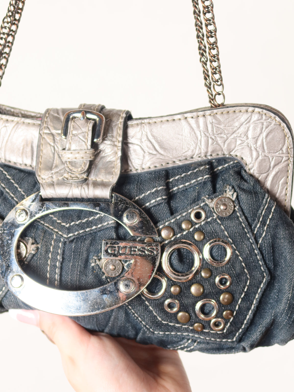 Guess Denim Studded Buckle Bag