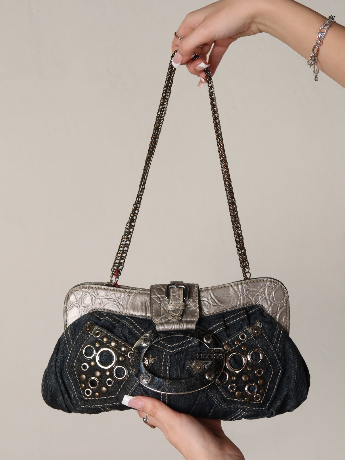 Guess Denim Studded Buckle Bag