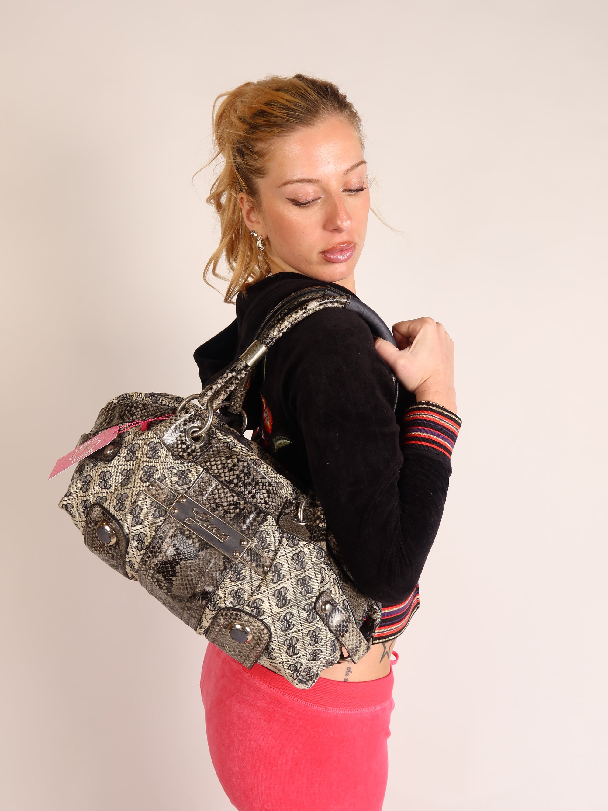 Guess Grey Monogram Snakeskin Satchel