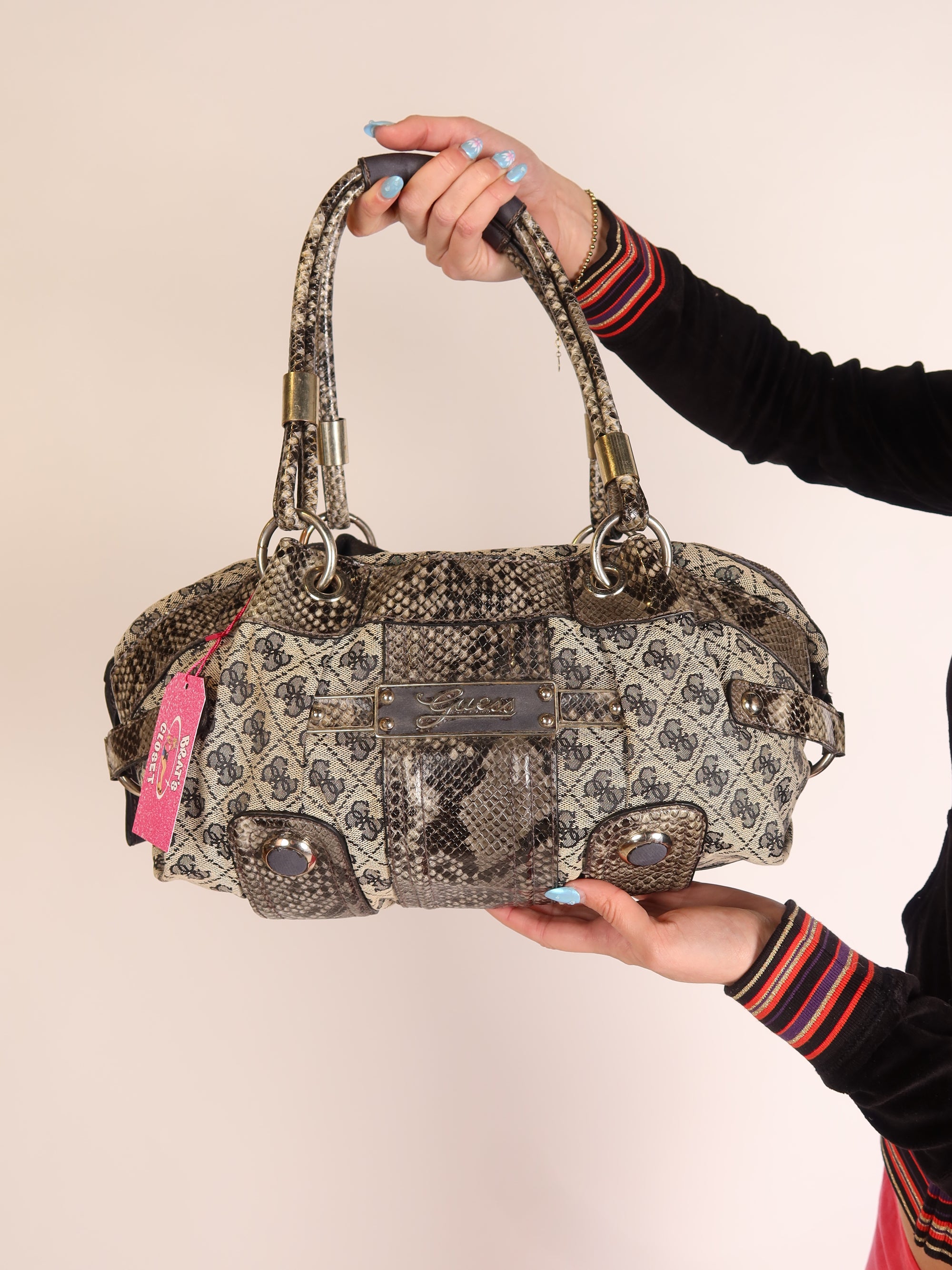 Guess Grey Monogram Snakeskin Satchel