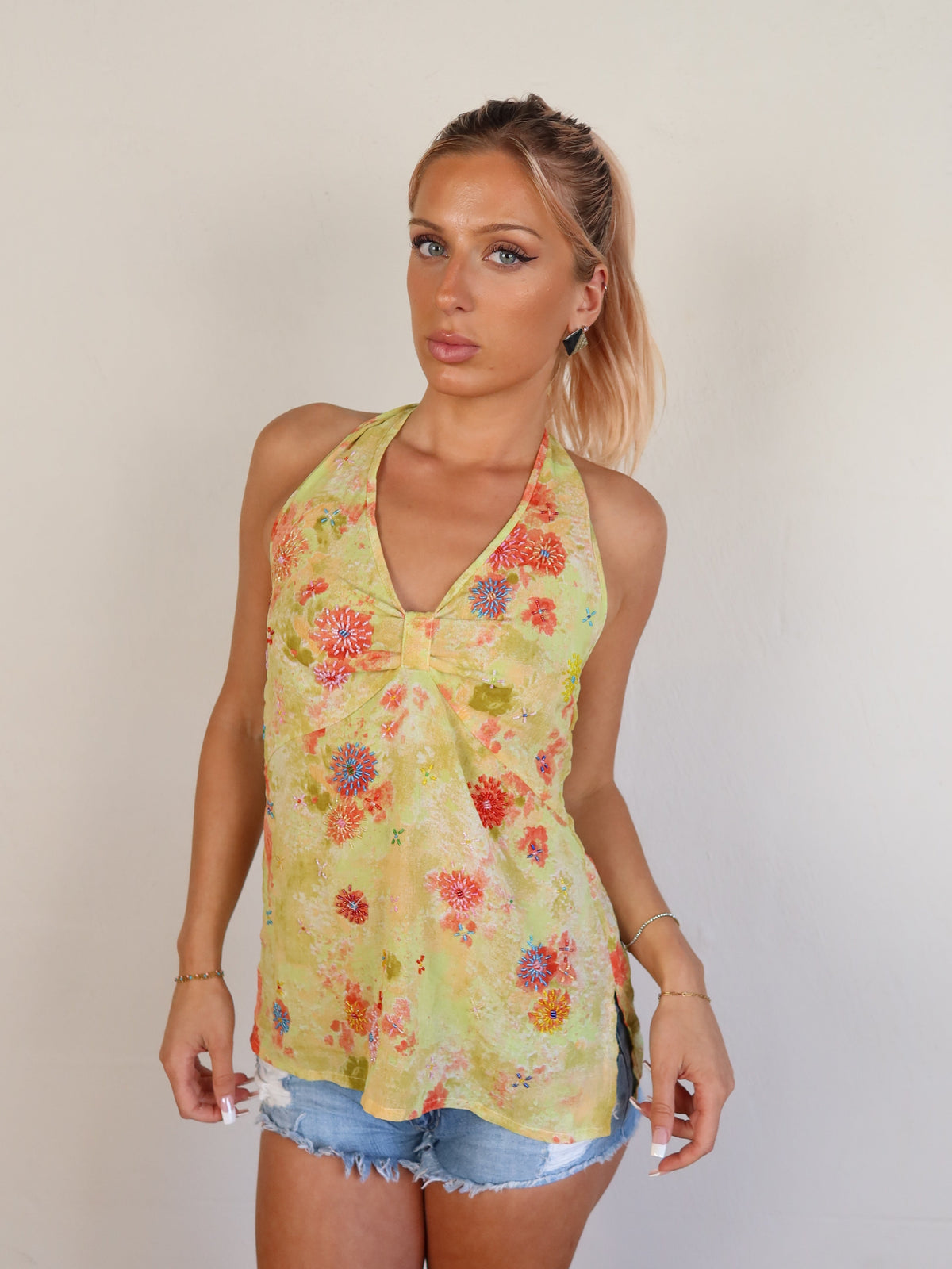 Yellow Beaded Halter Top XS/S