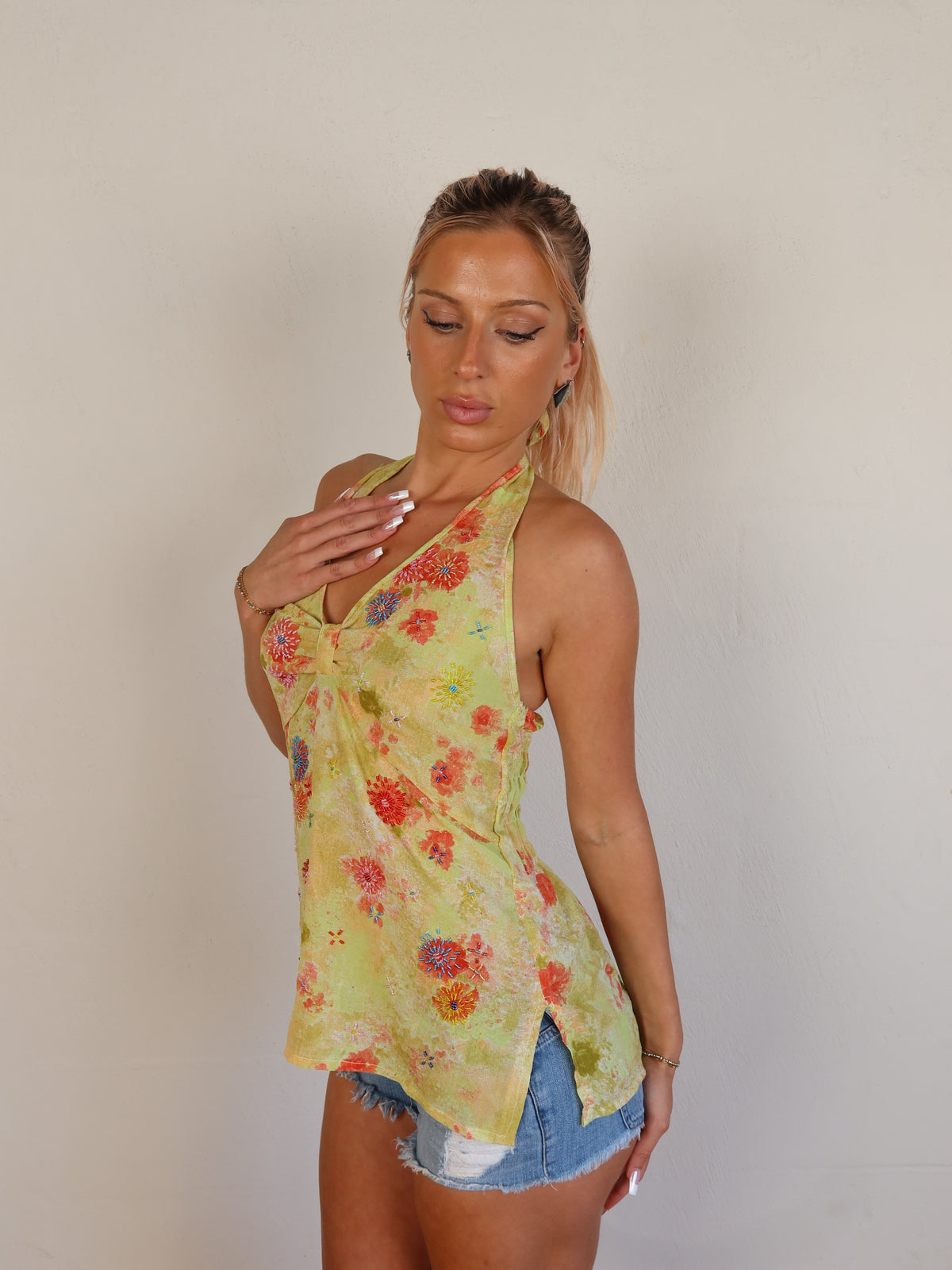 Yellow Beaded Halter Top XS/S
