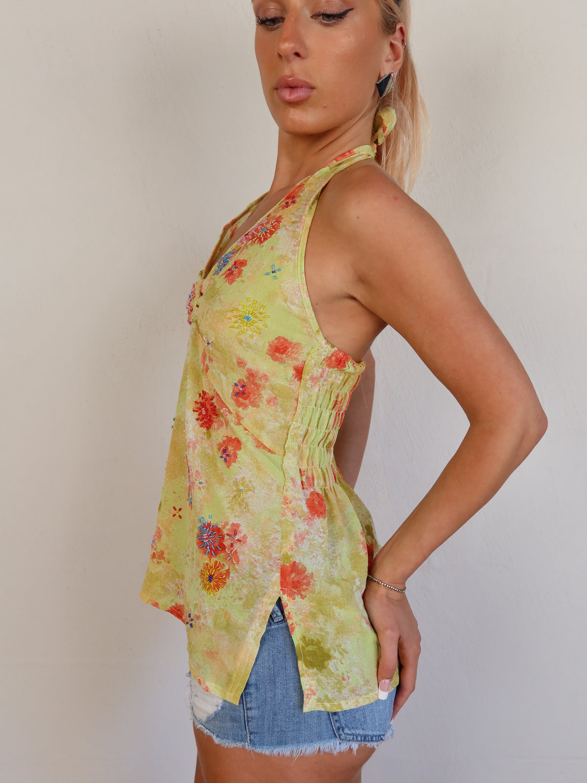 Yellow Beaded Halter Top XS/S