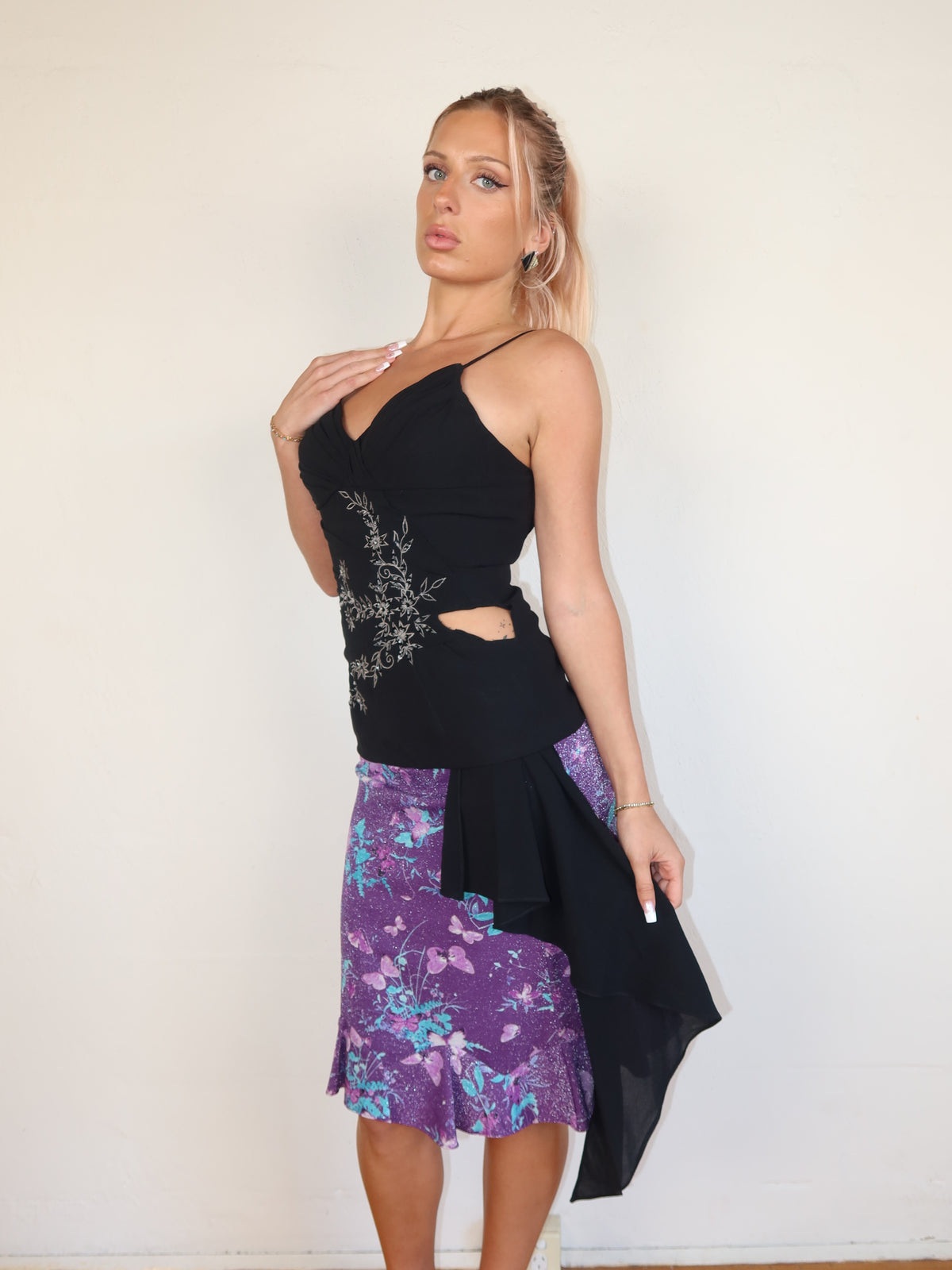 Black Beaded Floral Cutout Cami XXS/XS