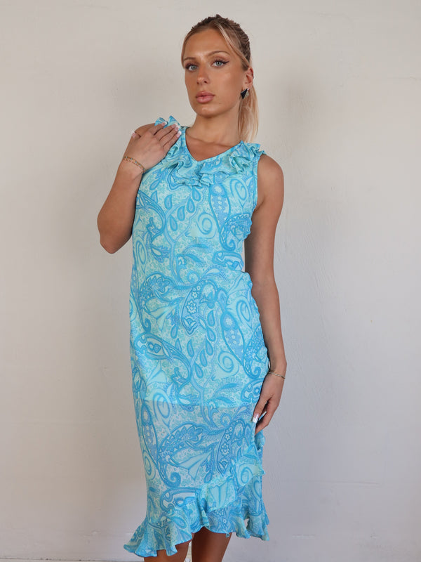 Blue Ruffle Midi Dress S