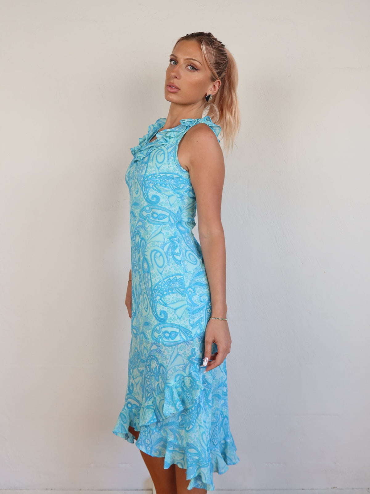 Blue Ruffle Midi Dress S
