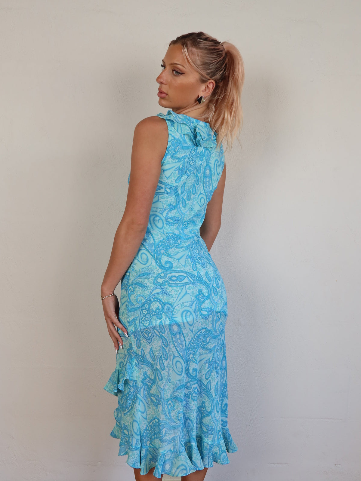 Blue Ruffle Midi Dress S