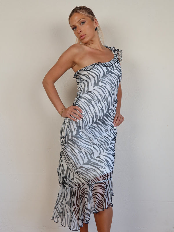 Zebra One-Shoulder Midi S/M