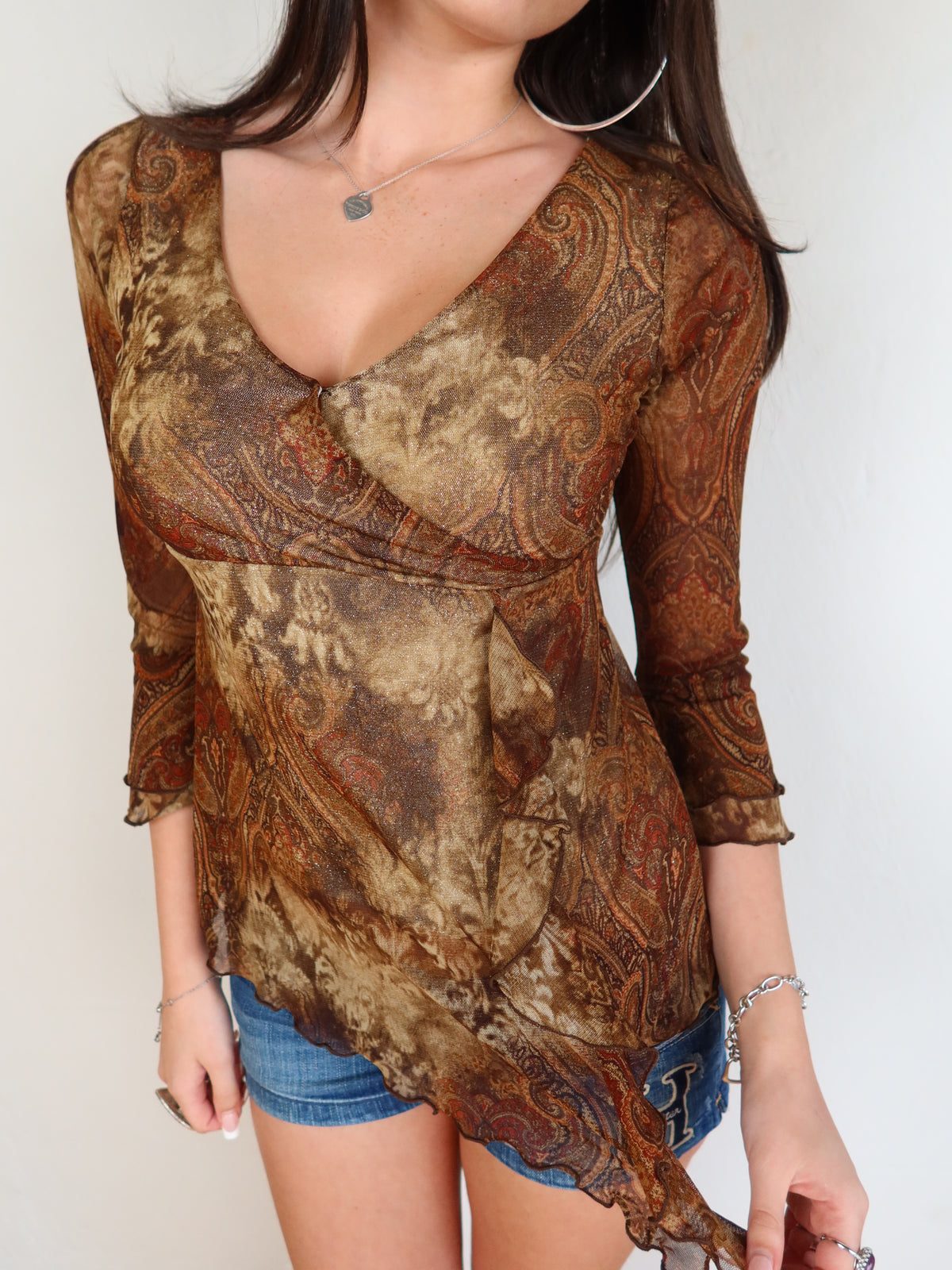 Brown Glitter Mesh Wrap Blouse S/M