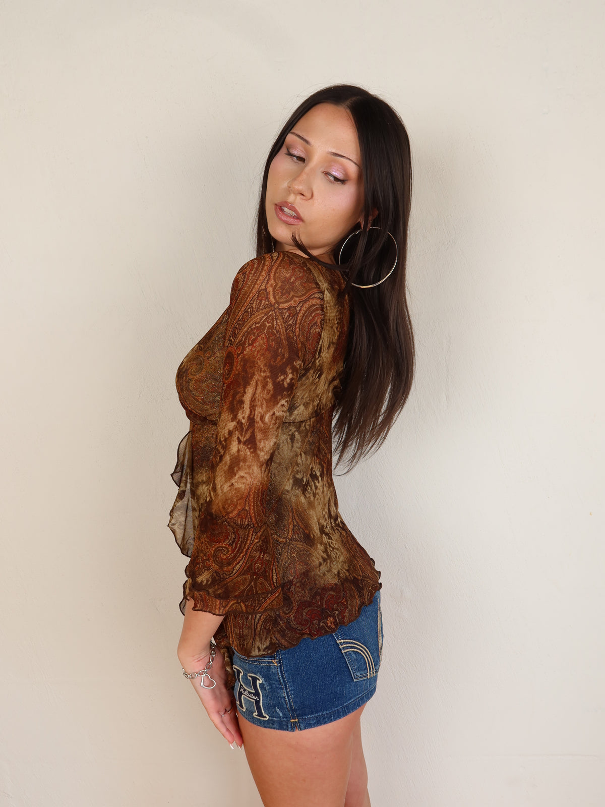 Brown Glitter Mesh Wrap Blouse S/M
